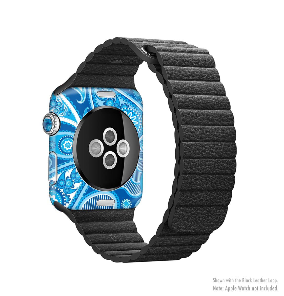 Vibrant blue paisley design skin kit for Apple Watch, showcasing its stylish pattern and full-body coverage.