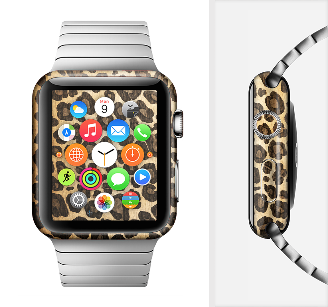 Vibrant Leopard Print V23 Full-Body Skin Kit for Apple Watch, showcasing a stylish design with premium vinyl material.