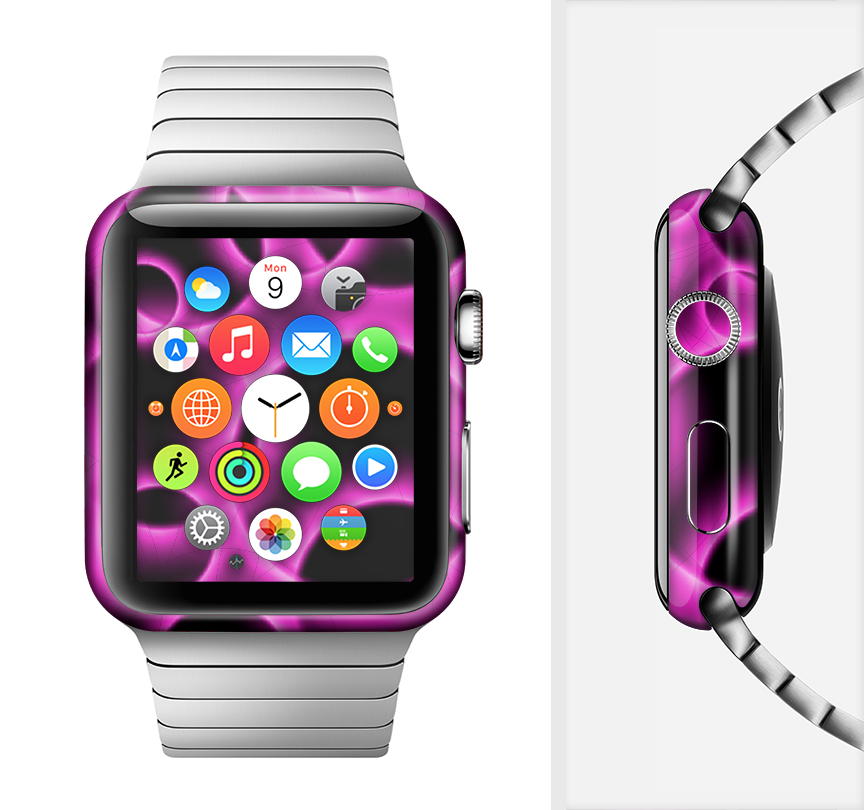 Vibrant Pink Glowing Cells Full-Body Skin Kit for Apple Watch, showcasing a stylish design that fits snugly on the device.