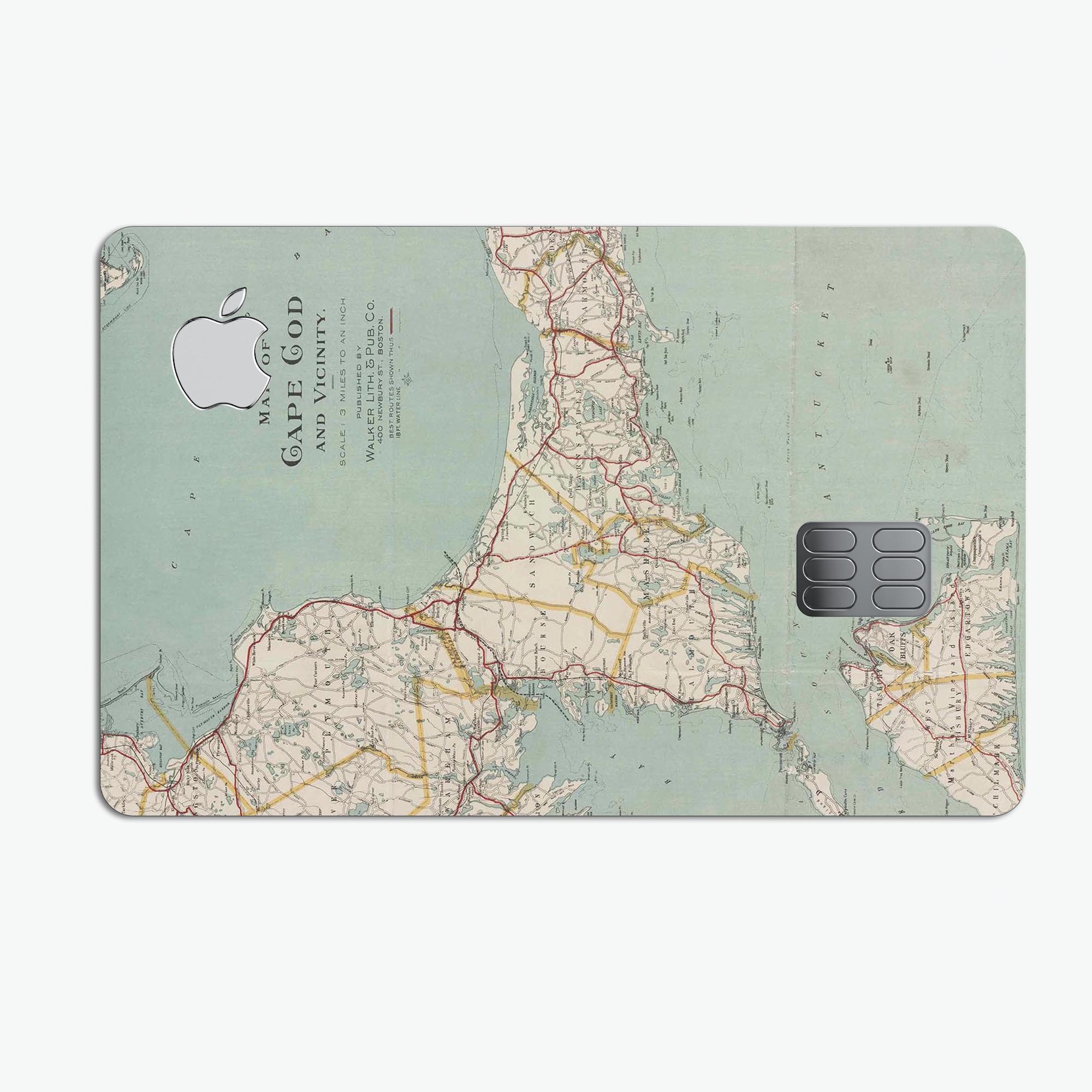 The Vintage Map of Cape Cod decal skin for Apple Card, showcasing a detailed vintage map design with a premium finish.