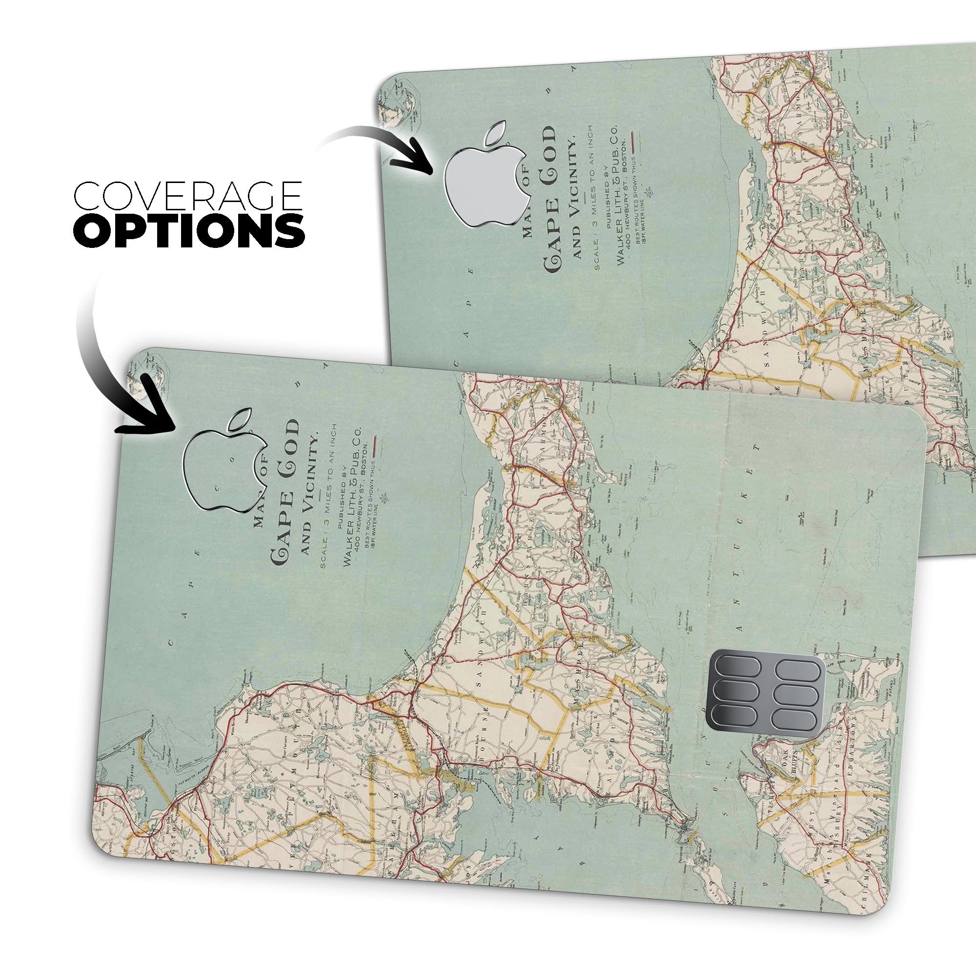 The Vintage Map of Cape Cod decal skin for Apple Card, showcasing a detailed vintage map design with a premium finish.