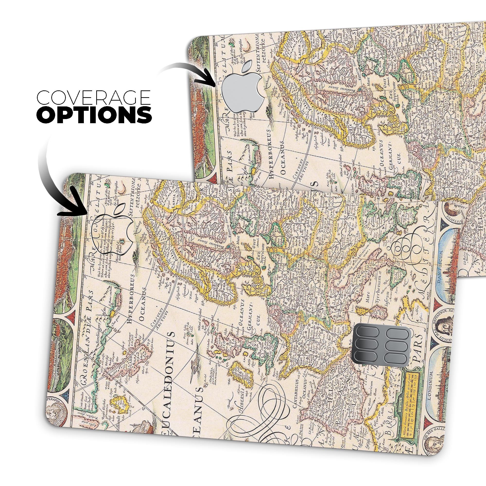 The Vintage Powers of Europe Map decal skin for Apple Card, showcasing intricate vintage map design and premium vinyl material.