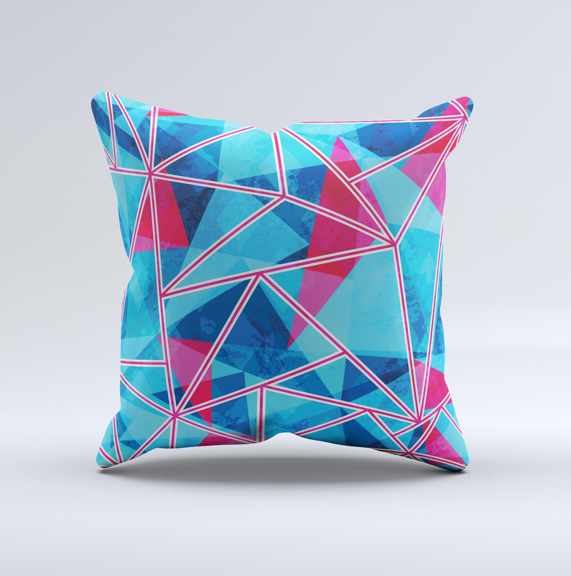 Vivid Blue and Pink Sharp Shapes ink-Fuzed Decorative Throw Pillow showcasing unique handmade design with vibrant colors and sharp geometric patterns.