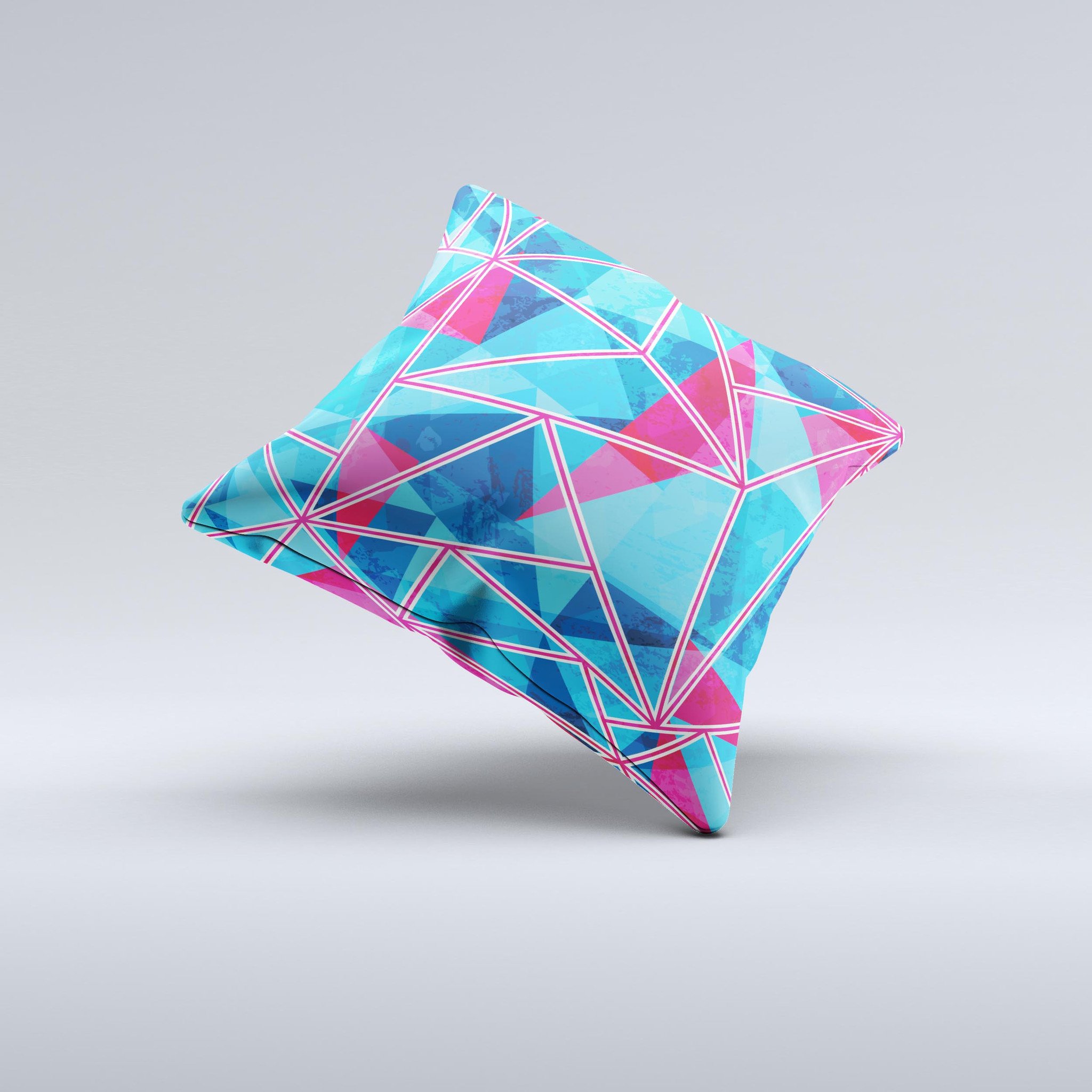 Vivid Blue and Pink Sharp Shapes ink-Fuzed Decorative Throw Pillow showcasing unique handmade design with vibrant colors and sharp geometric patterns.