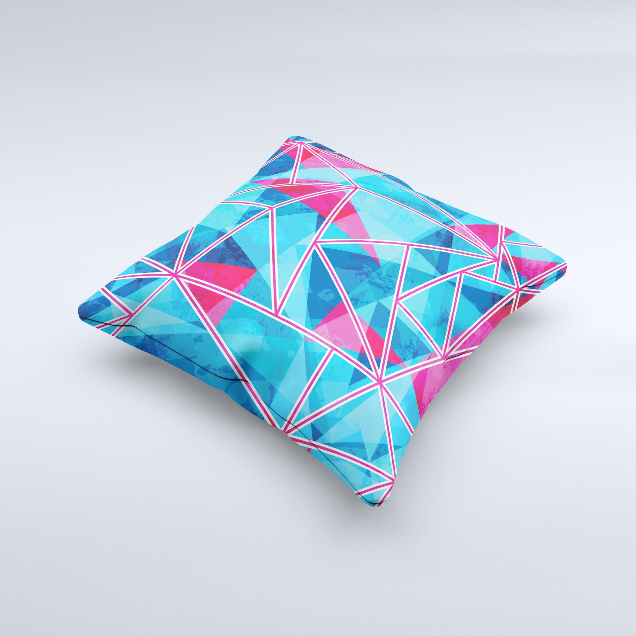 Vivid Blue and Pink Sharp Shapes ink-Fuzed Decorative Throw Pillow showcasing unique handmade design with vibrant colors and sharp geometric patterns.