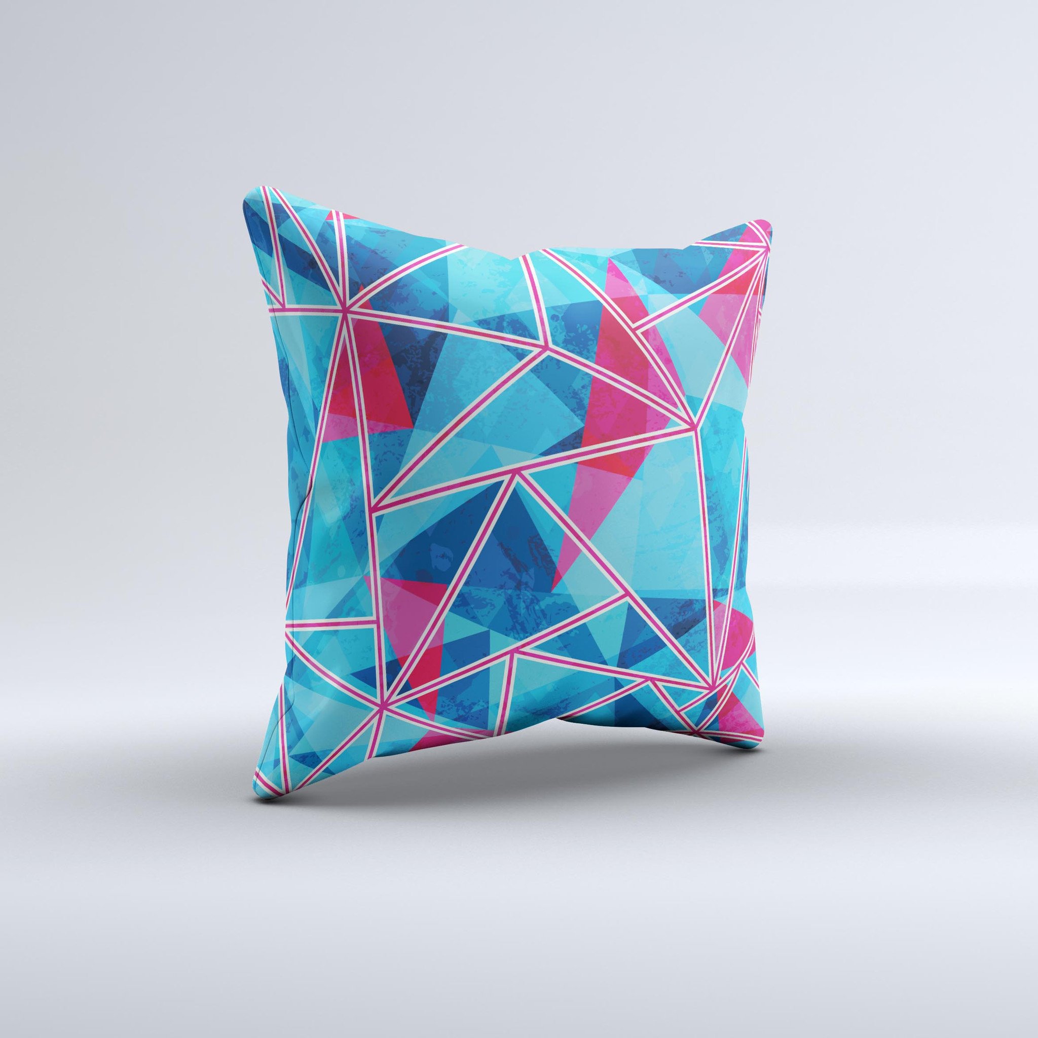 Vivid Blue and Pink Sharp Shapes ink-Fuzed Decorative Throw Pillow showcasing unique handmade design with vibrant colors and sharp geometric patterns.