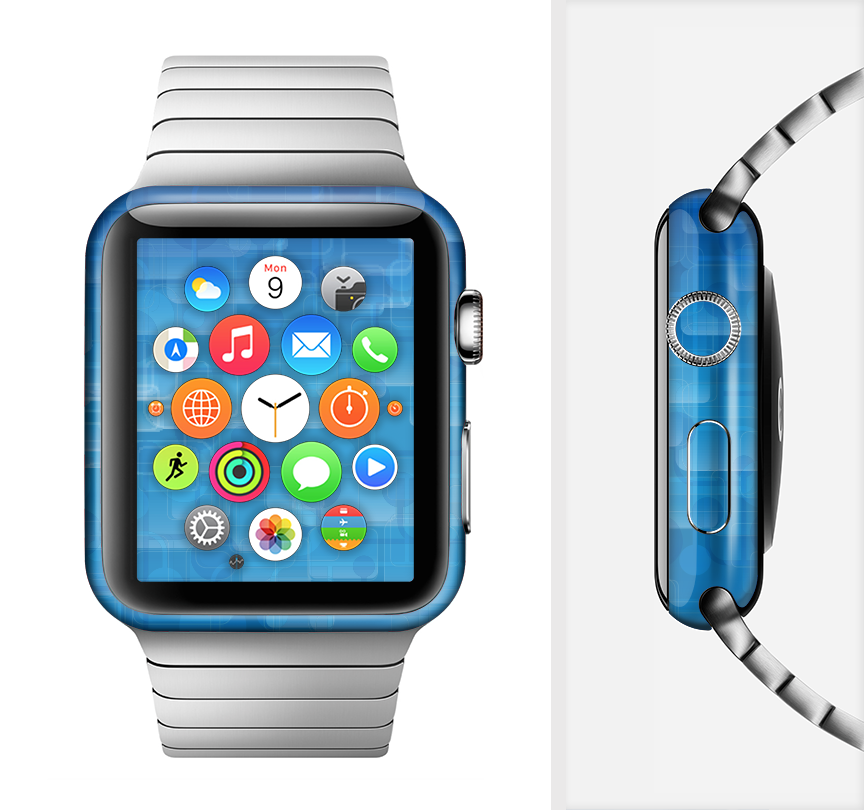 Vivid Blue Techno Lines Full-Body Skin Kit for Apple Watch, showcasing vibrant design and premium vinyl material.