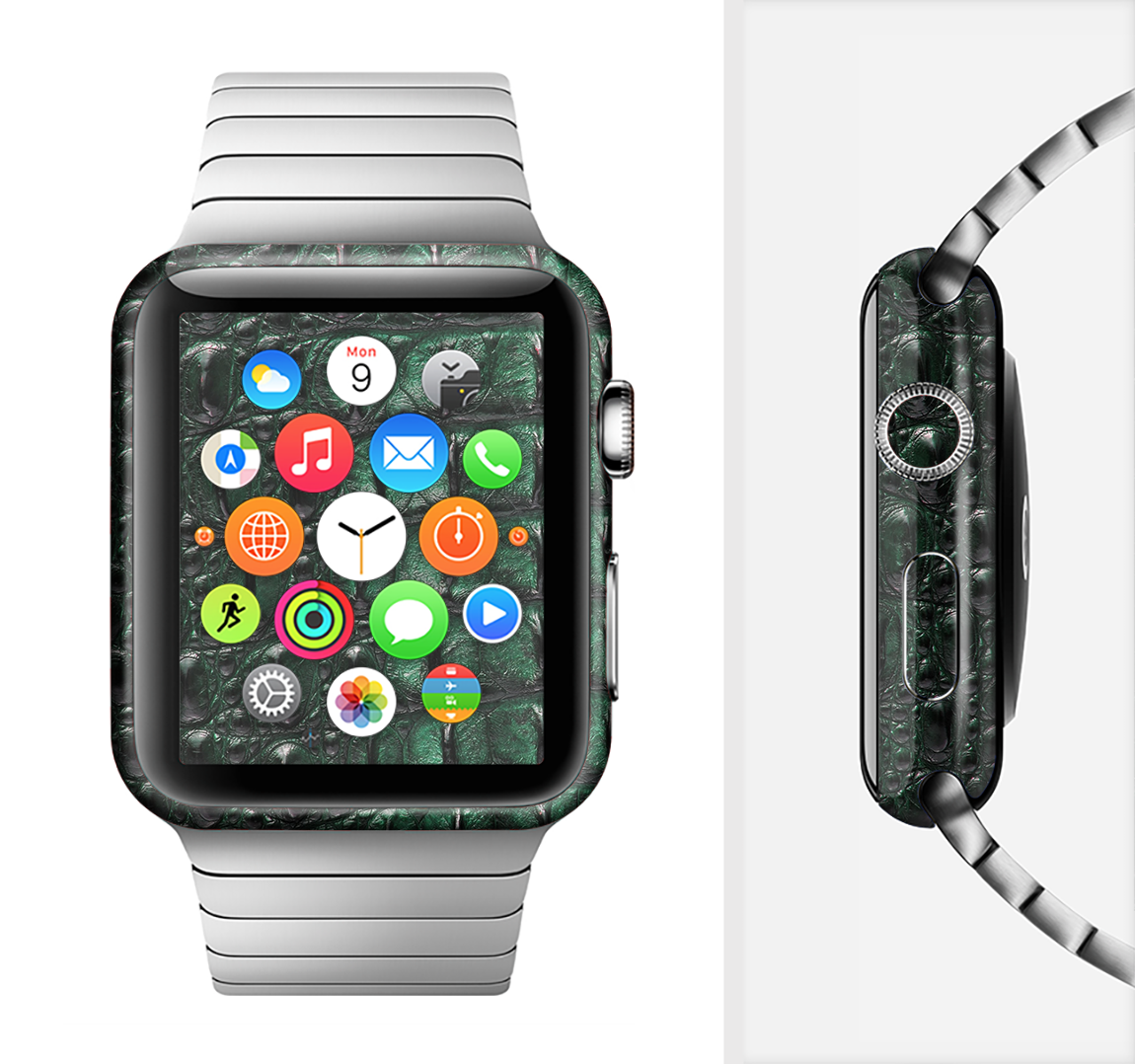 Vivid Green Crocodile Skin Full-Body Skin Kit for Apple Watch, showcasing its luxurious texture and vibrant color.