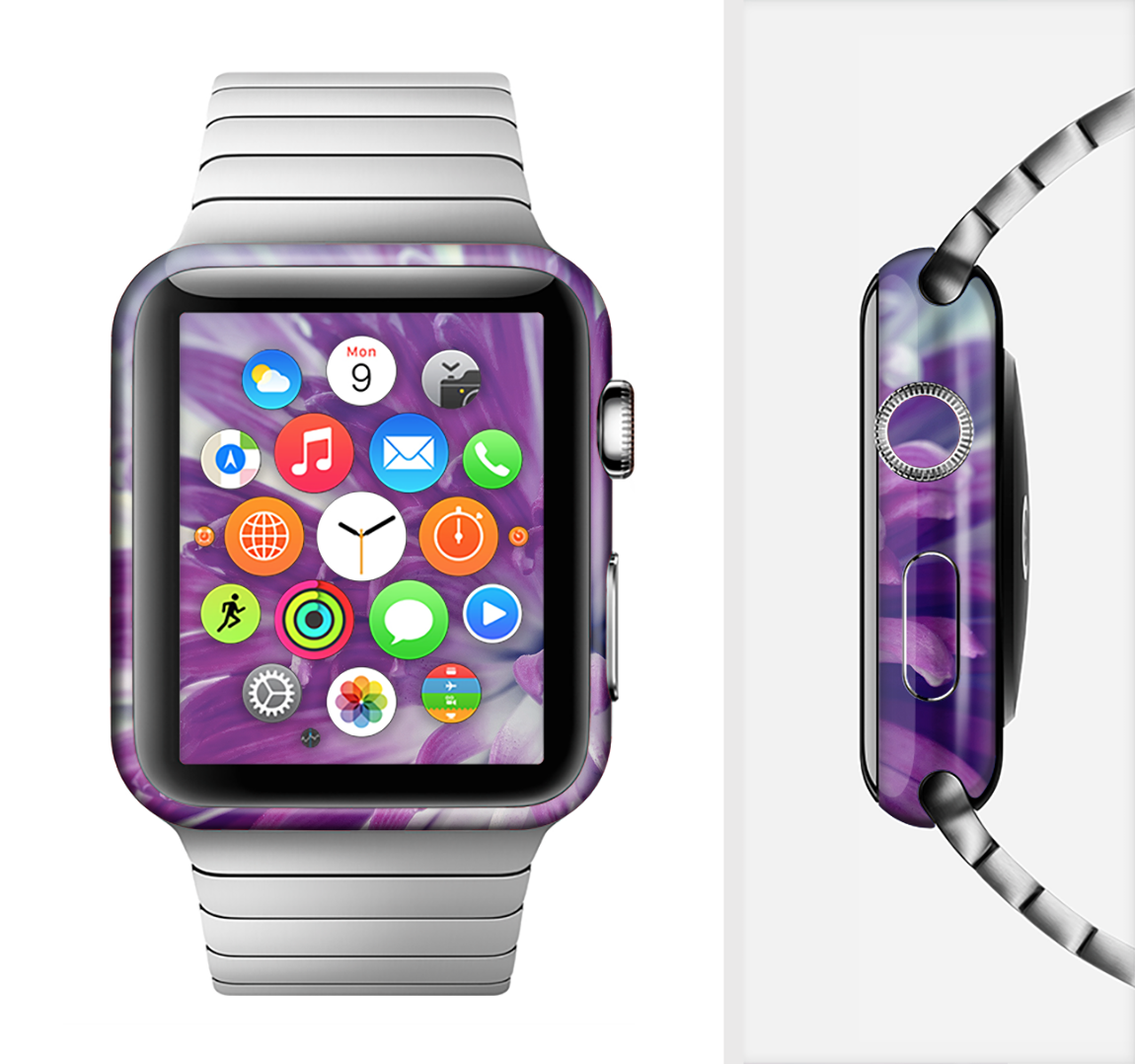 Vivid Purple Flower Full-Body Skin Kit for Apple Watch, showcasing vibrant floral design and premium vinyl material.