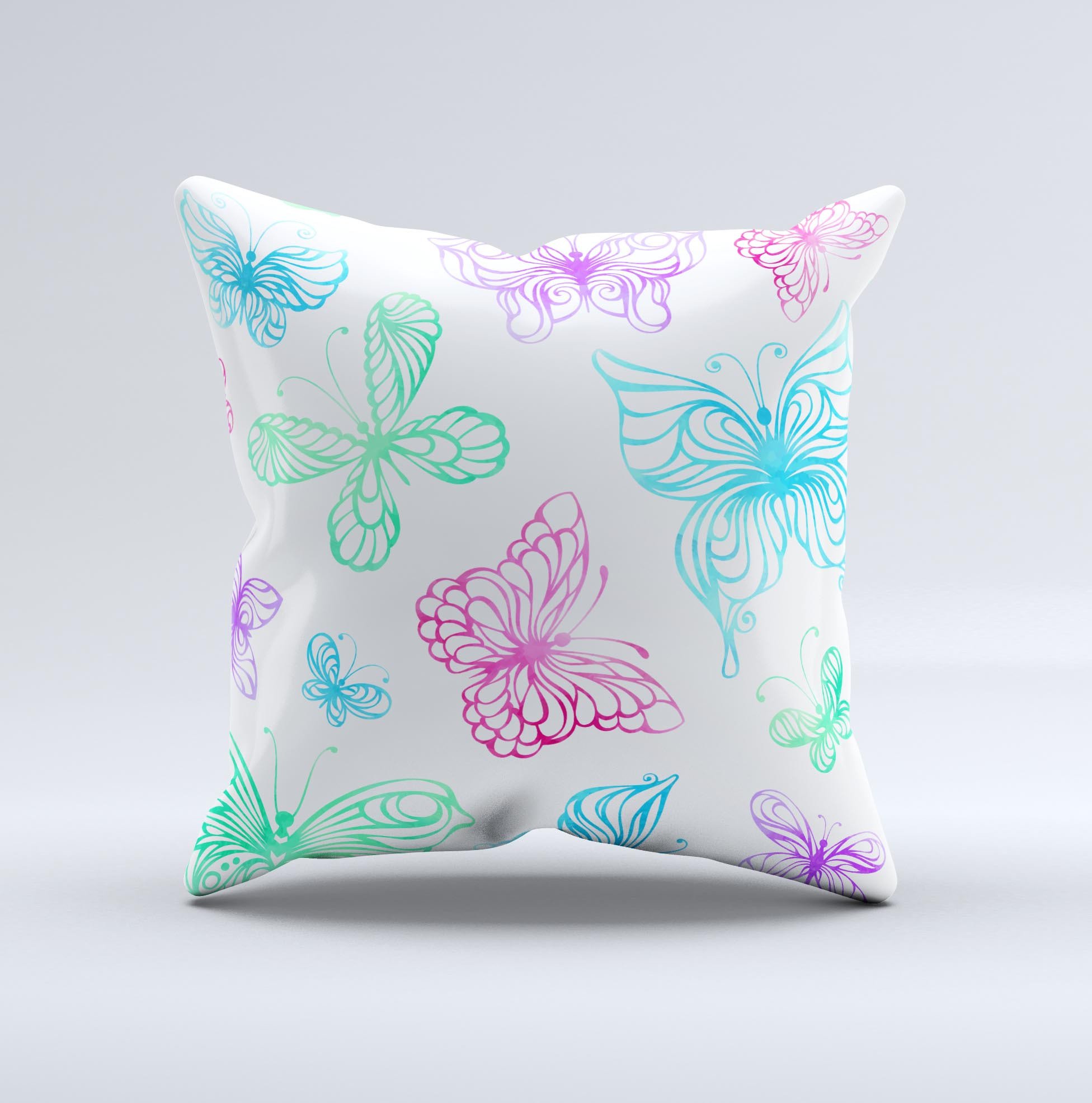 A vibrant decorative throw pillow featuring vivid vector butterflies, showcasing unique handmade details and high-quality fabric.