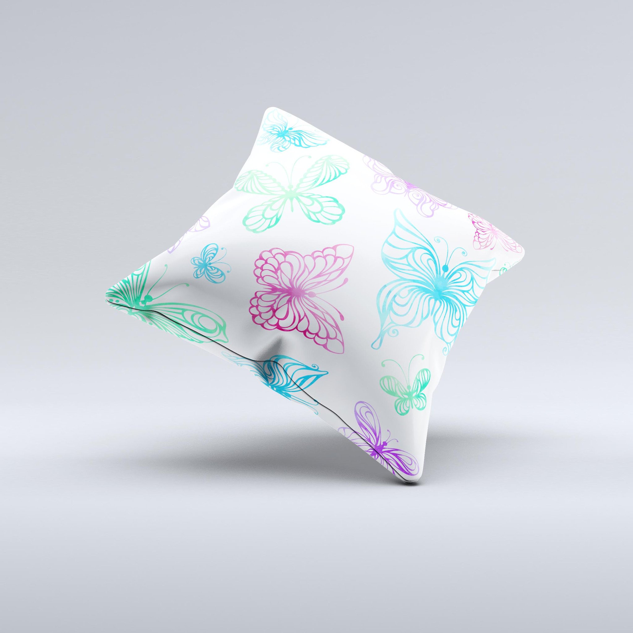 A vibrant decorative throw pillow featuring vivid vector butterflies, showcasing unique handmade details and high-quality fabric.