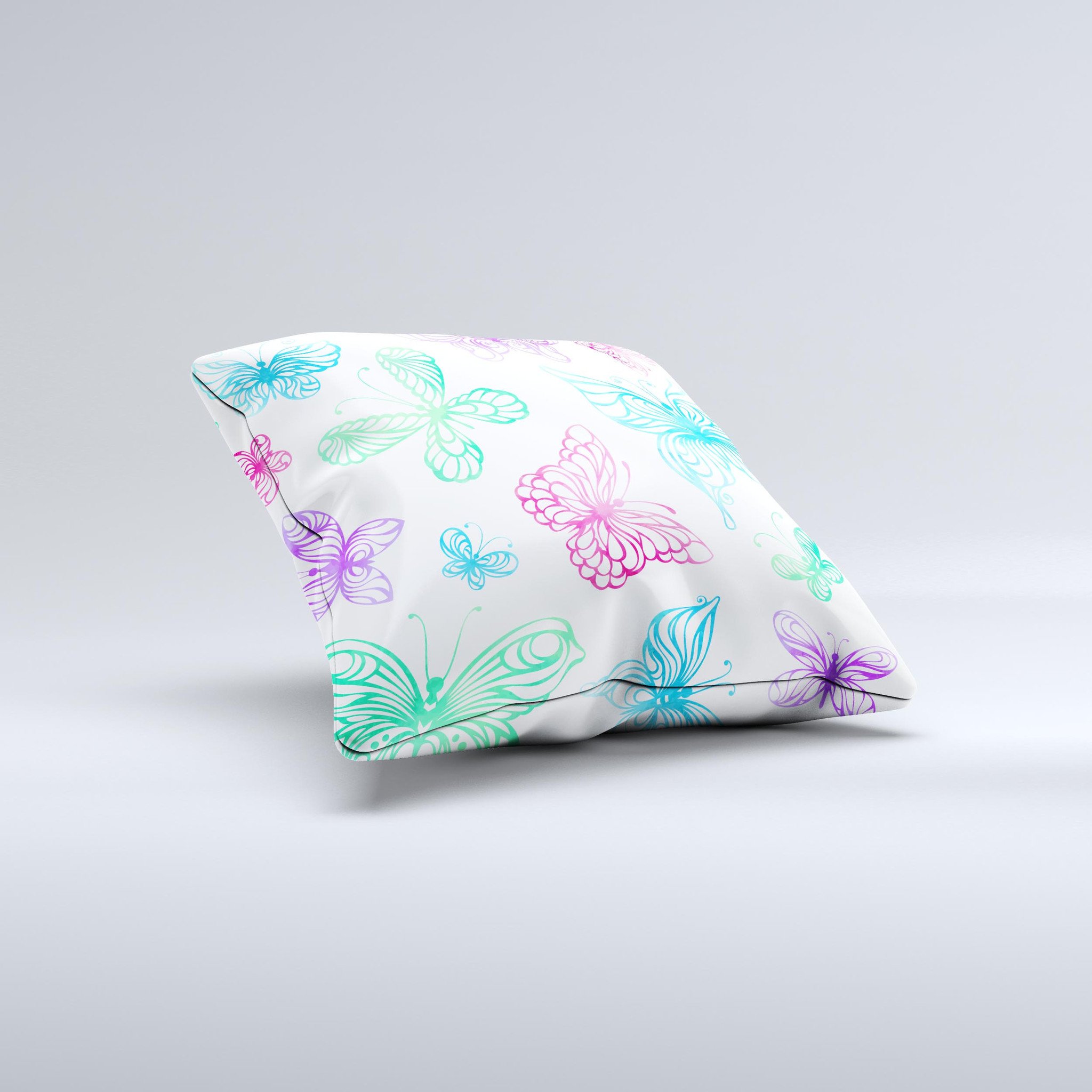 A vibrant decorative throw pillow featuring vivid vector butterflies, showcasing unique handmade details and high-quality fabric.