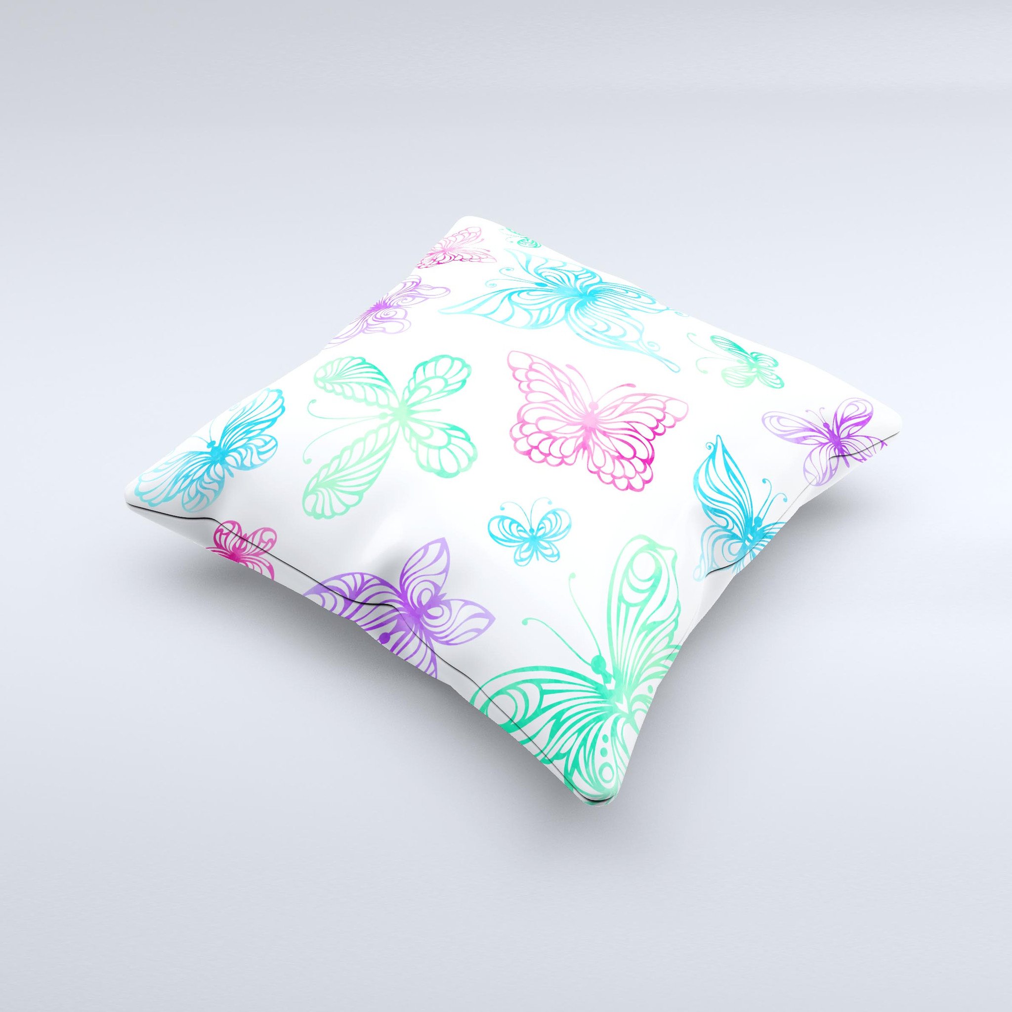 A vibrant decorative throw pillow featuring vivid vector butterflies, showcasing unique handmade details and high-quality fabric.