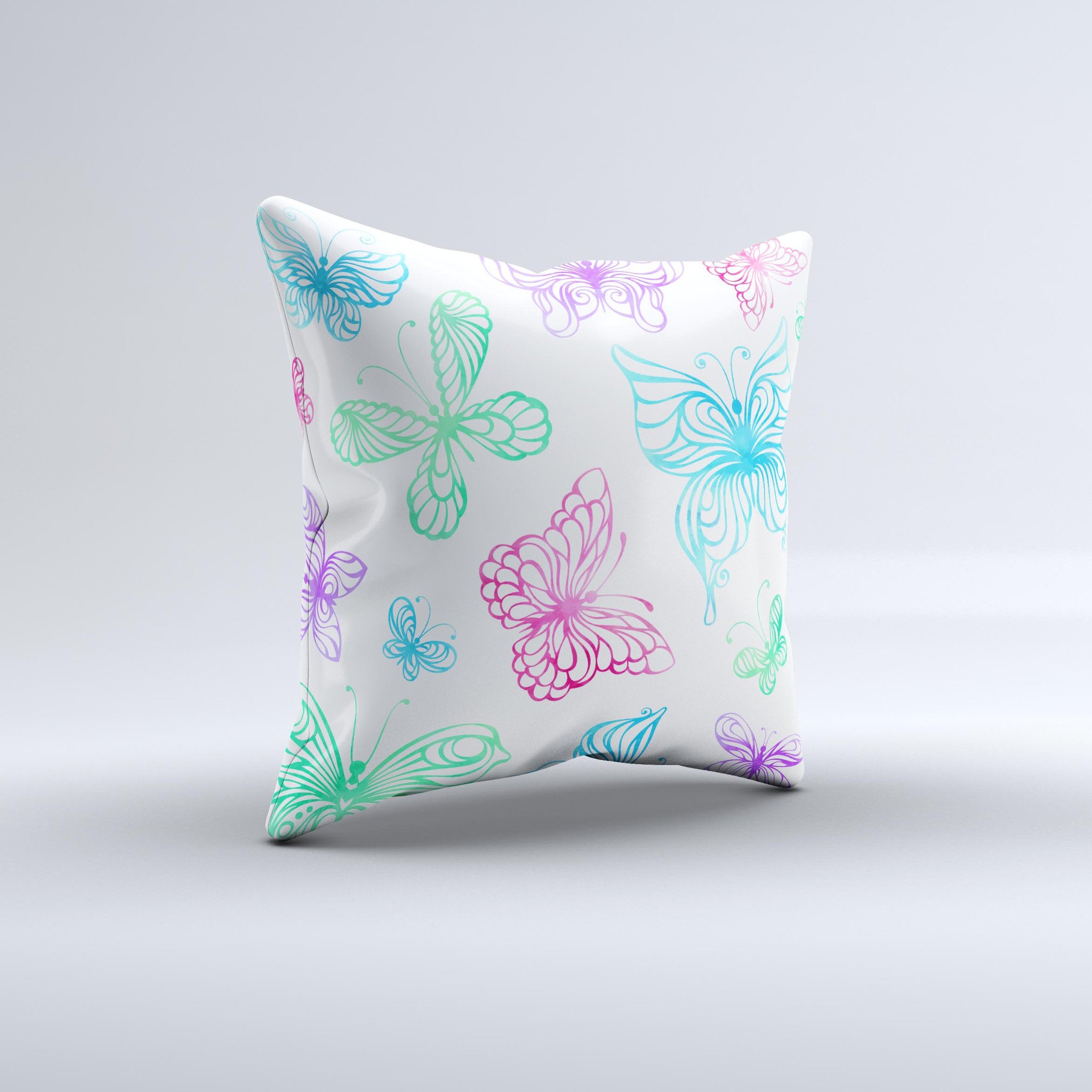 A vibrant decorative throw pillow featuring vivid vector butterflies, showcasing unique handmade details and high-quality fabric.