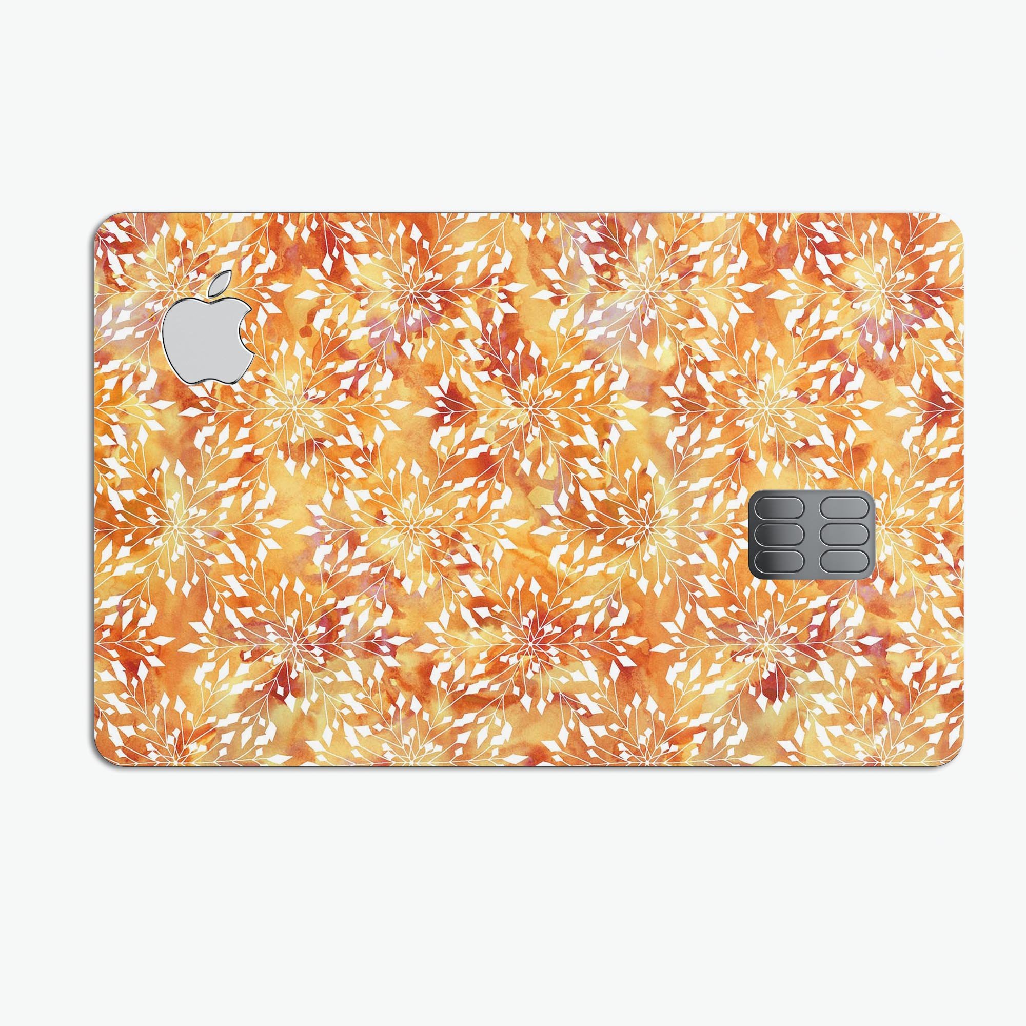 Watercolor Orange and Red Snow Crystal decal for Apple Card, showcasing vibrant colors and premium vinyl material.