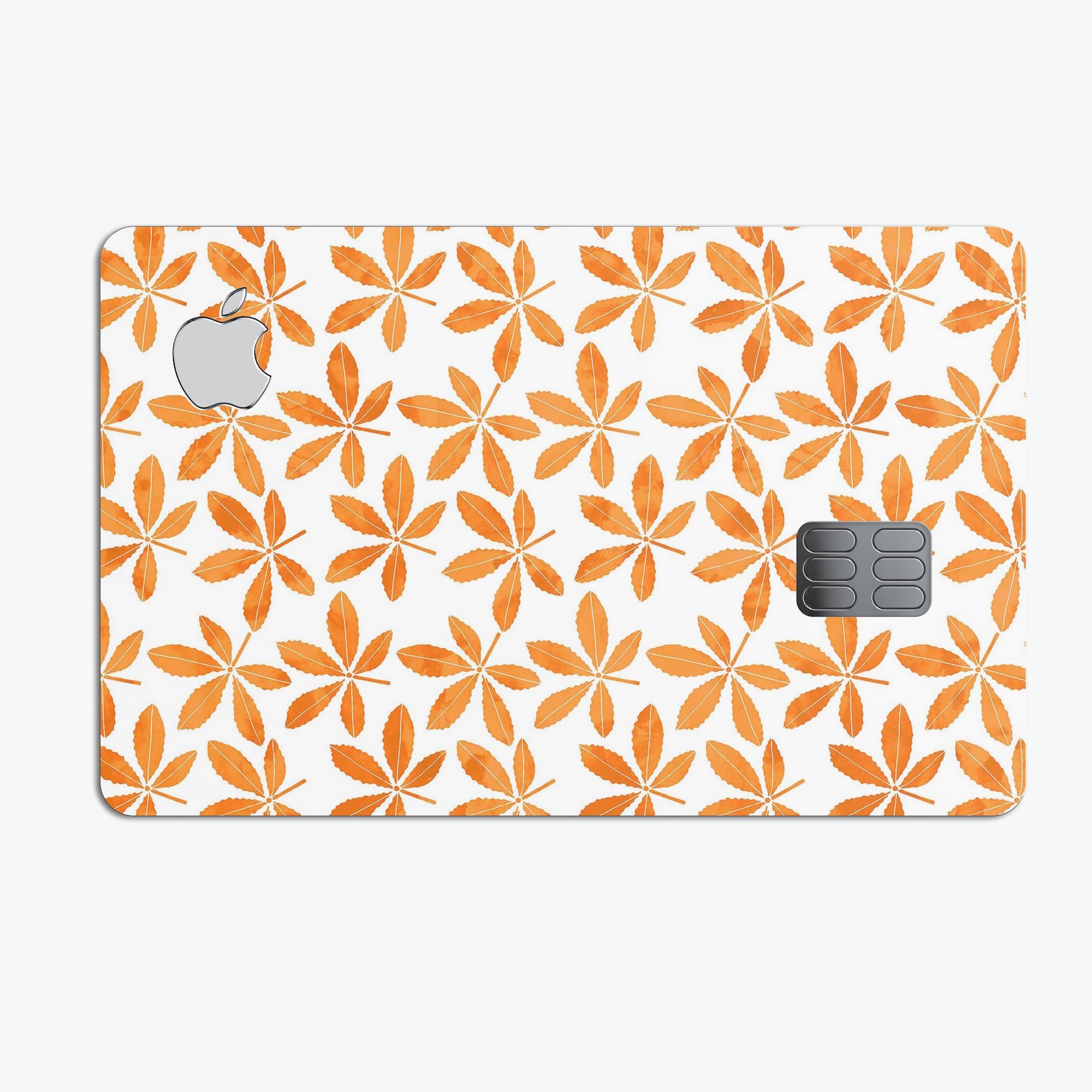 The Watercolored Shades of Orange Clovers premium protective decal for Apple Card, showcasing vibrant orange clover designs on a sleek vinyl surface.