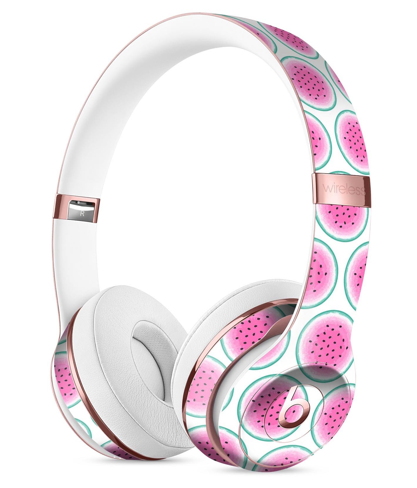 Watermelon polka dot pattern skin kit for Beats by Dre Solo 3 Wireless Headphones, showcasing vibrant colors and stylish design.