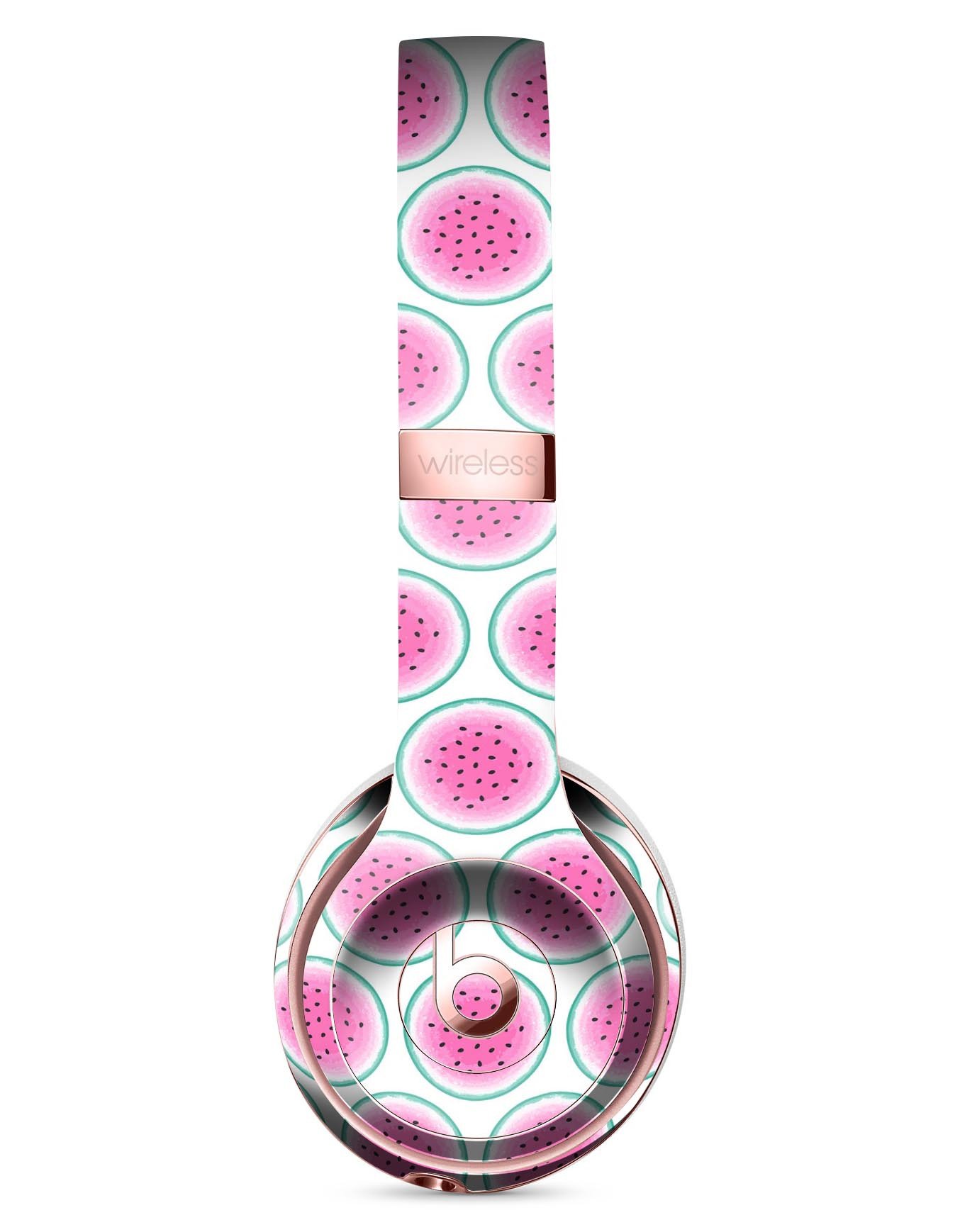 Watermelon polka dot pattern skin kit for Beats by Dre Solo 3 Wireless Headphones, showcasing vibrant colors and stylish design.