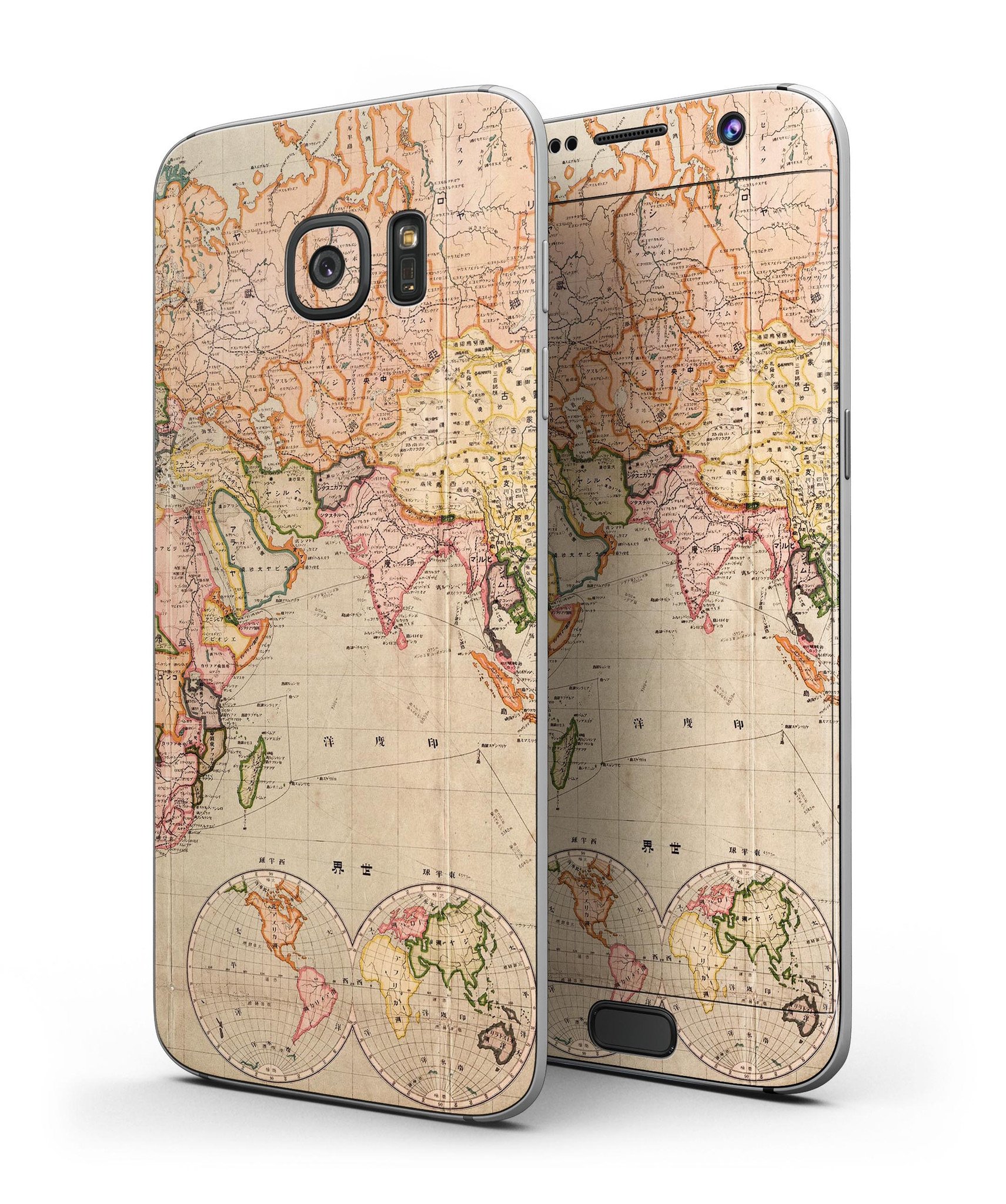 The Western World Map Skin-Kit for Samsung Galaxy S7, showcasing a vibrant world map design on a sleek vinyl surface.