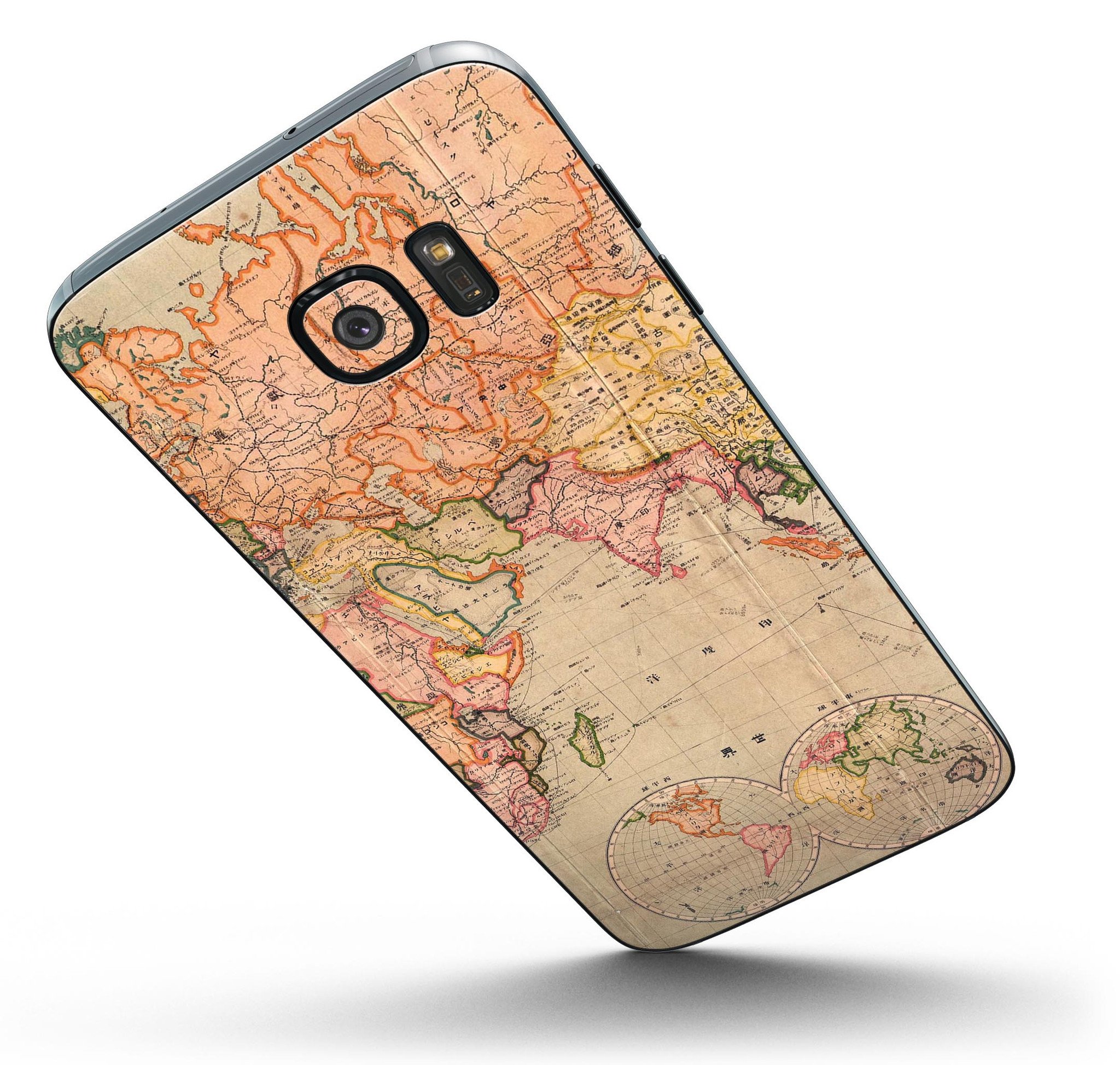 The Western World Map Skin-Kit for Samsung Galaxy S7, showcasing a vibrant world map design on a sleek vinyl surface.