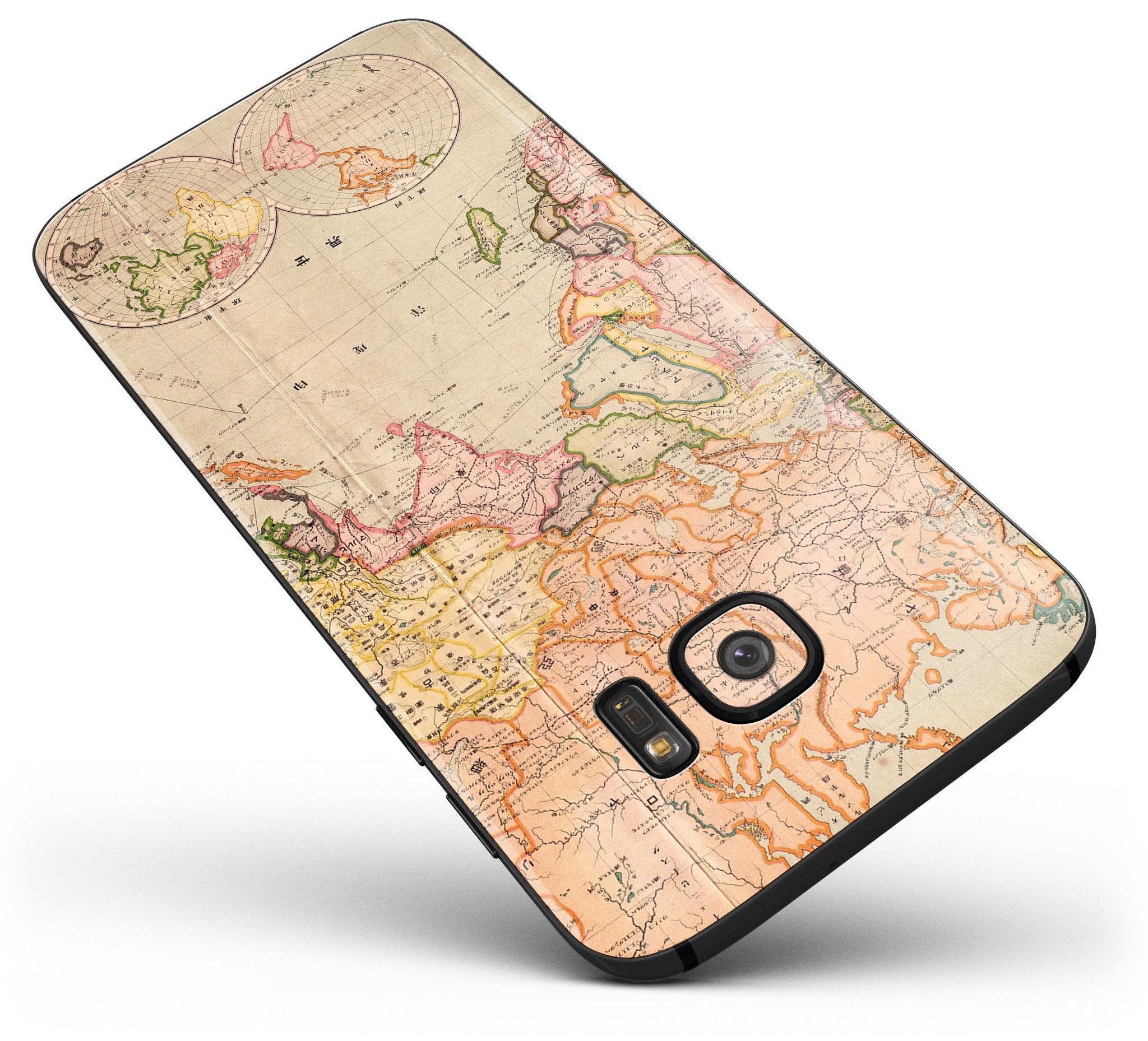 The Western World Map Skin-Kit for Samsung Galaxy S7, showcasing a vibrant world map design on a sleek vinyl surface.