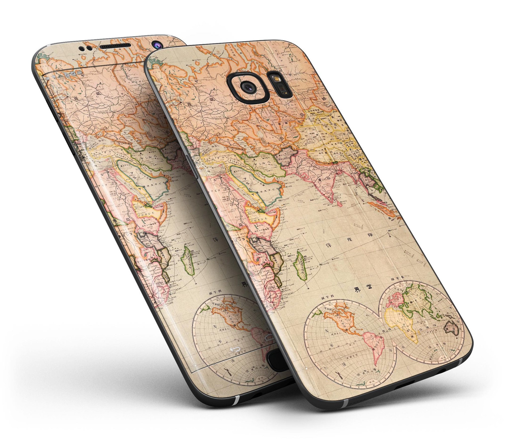 The Western World Map Skin-Kit for Samsung Galaxy S7, showcasing a vibrant world map design on a sleek vinyl surface.