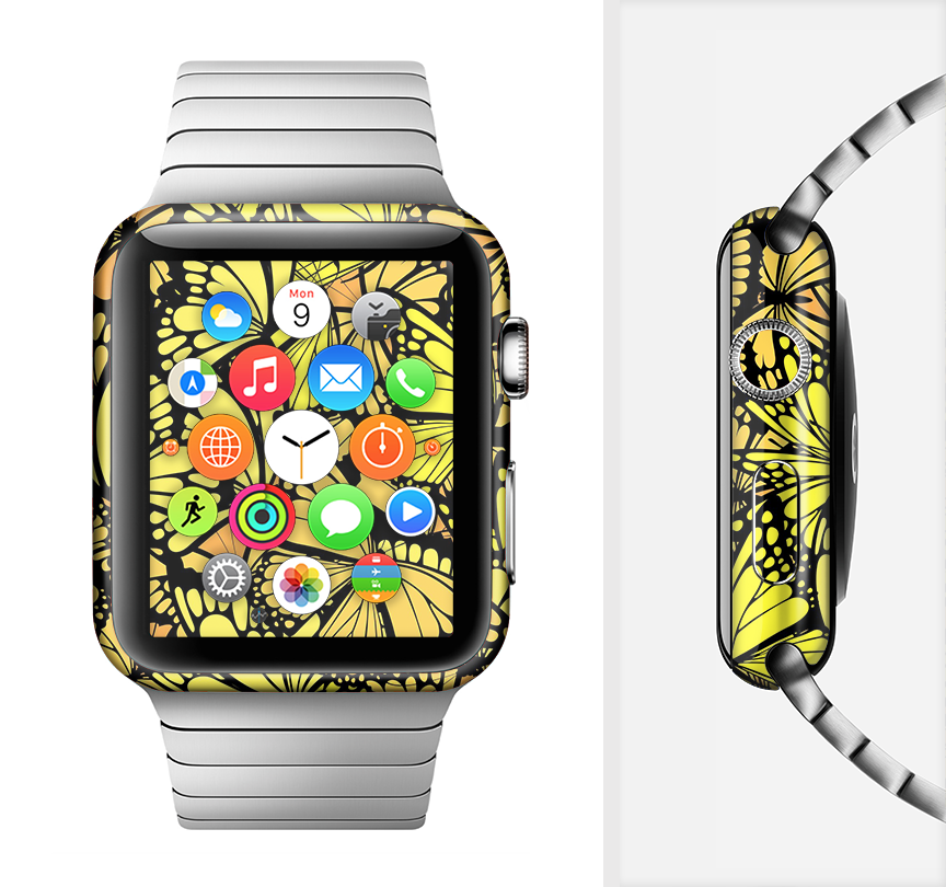 The Yellow Butterfly Bundle Full-Body Skin Kit for Apple Watch featuring a vibrant butterfly design on premium vinyl.