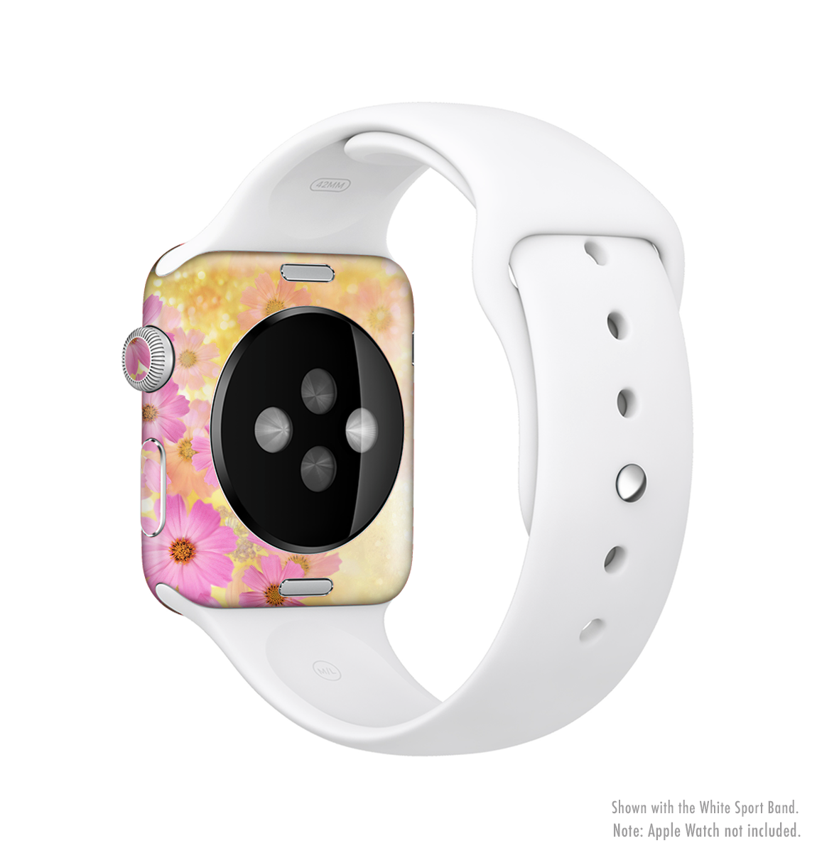 Yellow and pink floral skin kit for Apple Watch, showcasing vibrant colors and a stylish design.