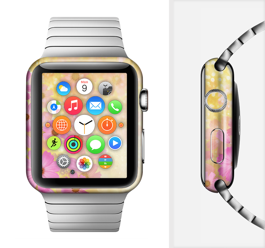 Yellow and pink floral skin kit for Apple Watch, showcasing vibrant colors and a stylish design.