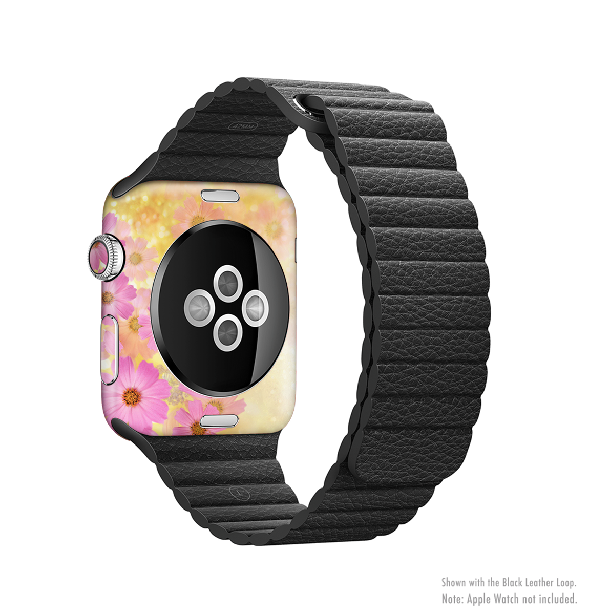 Yellow and pink floral skin kit for Apple Watch, showcasing vibrant colors and a stylish design.