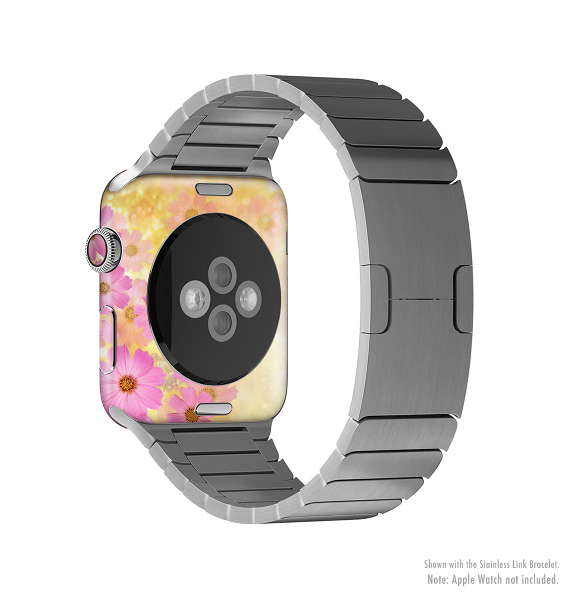 Yellow and pink floral skin kit for Apple Watch, showcasing vibrant colors and a stylish design.