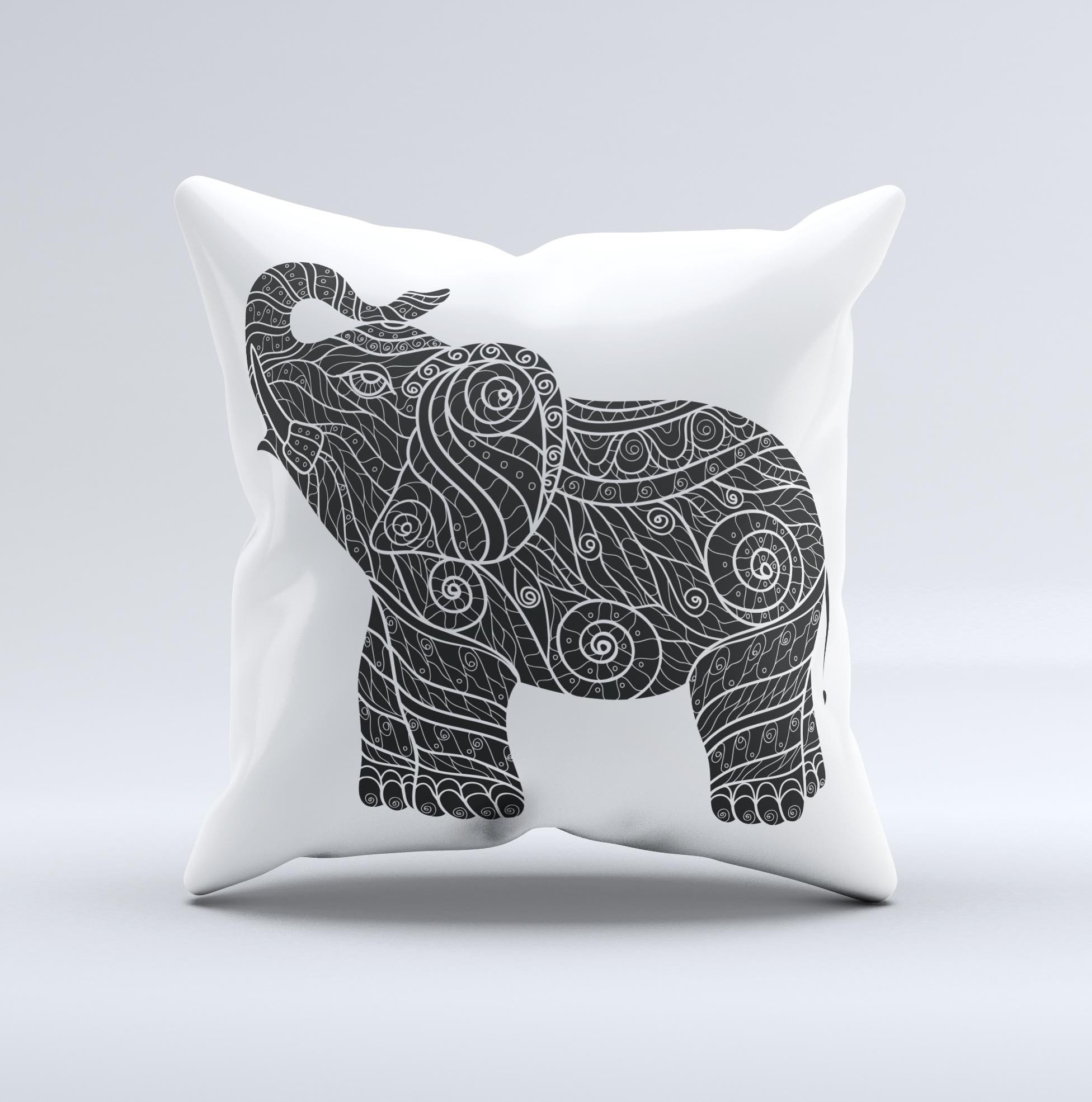 A beautifully handcrafted Zendoodle Elephant ink-Fuzed Decorative Throw Pillow featuring vibrant colors and intricate designs, perfect for home decor.