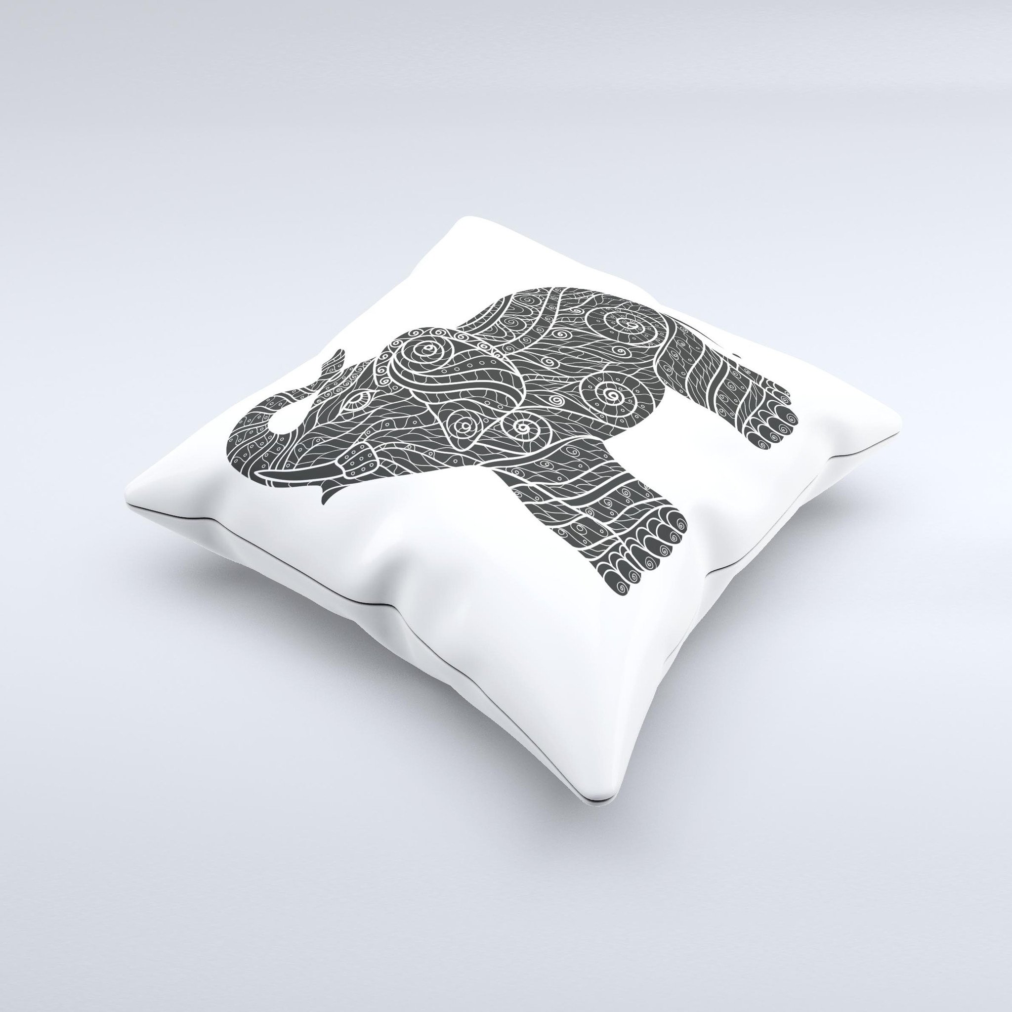 A beautifully handcrafted Zendoodle Elephant ink-Fuzed Decorative Throw Pillow featuring vibrant colors and intricate designs, perfect for home decor.