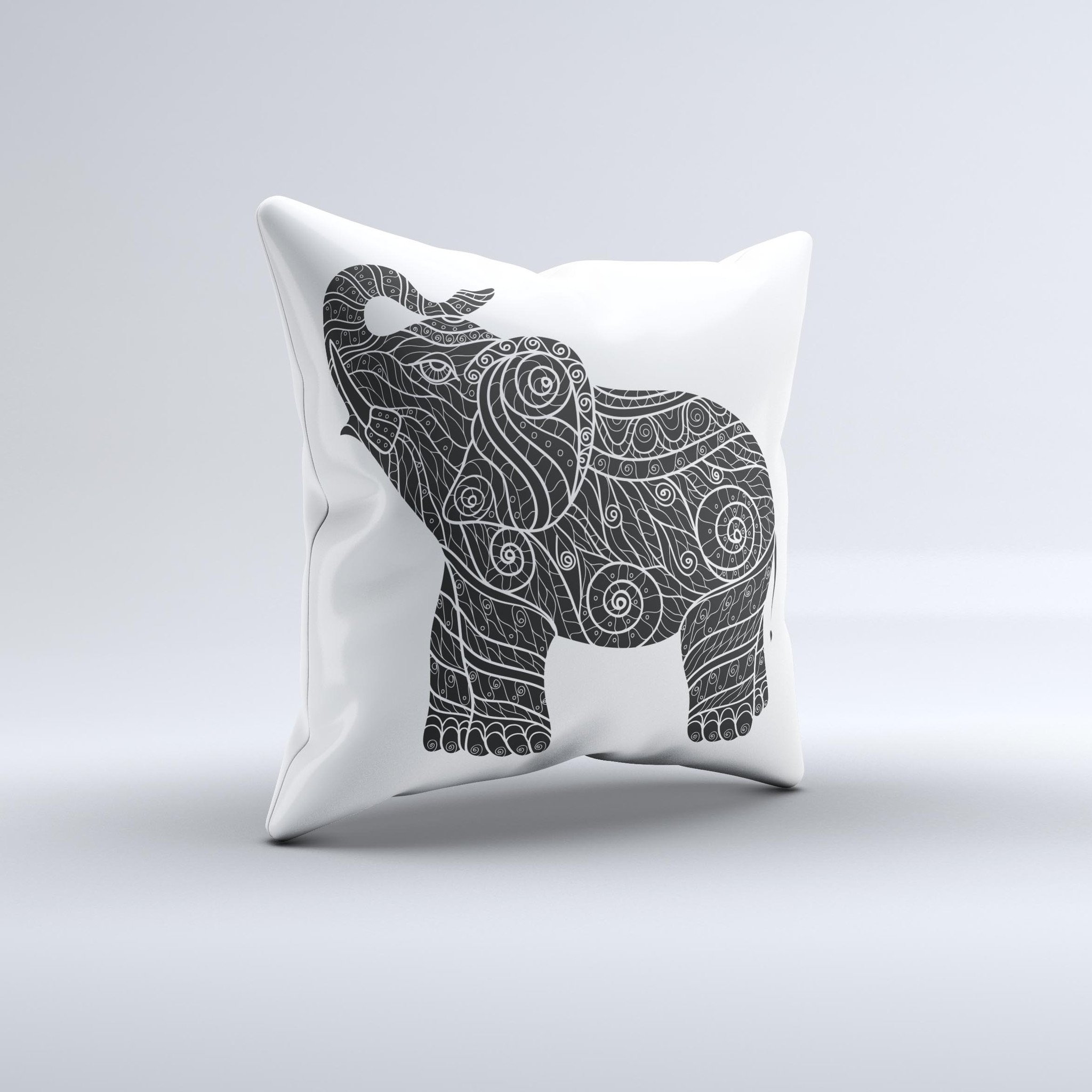 A beautifully handcrafted Zendoodle Elephant ink-Fuzed Decorative Throw Pillow featuring vibrant colors and intricate designs, perfect for home decor.