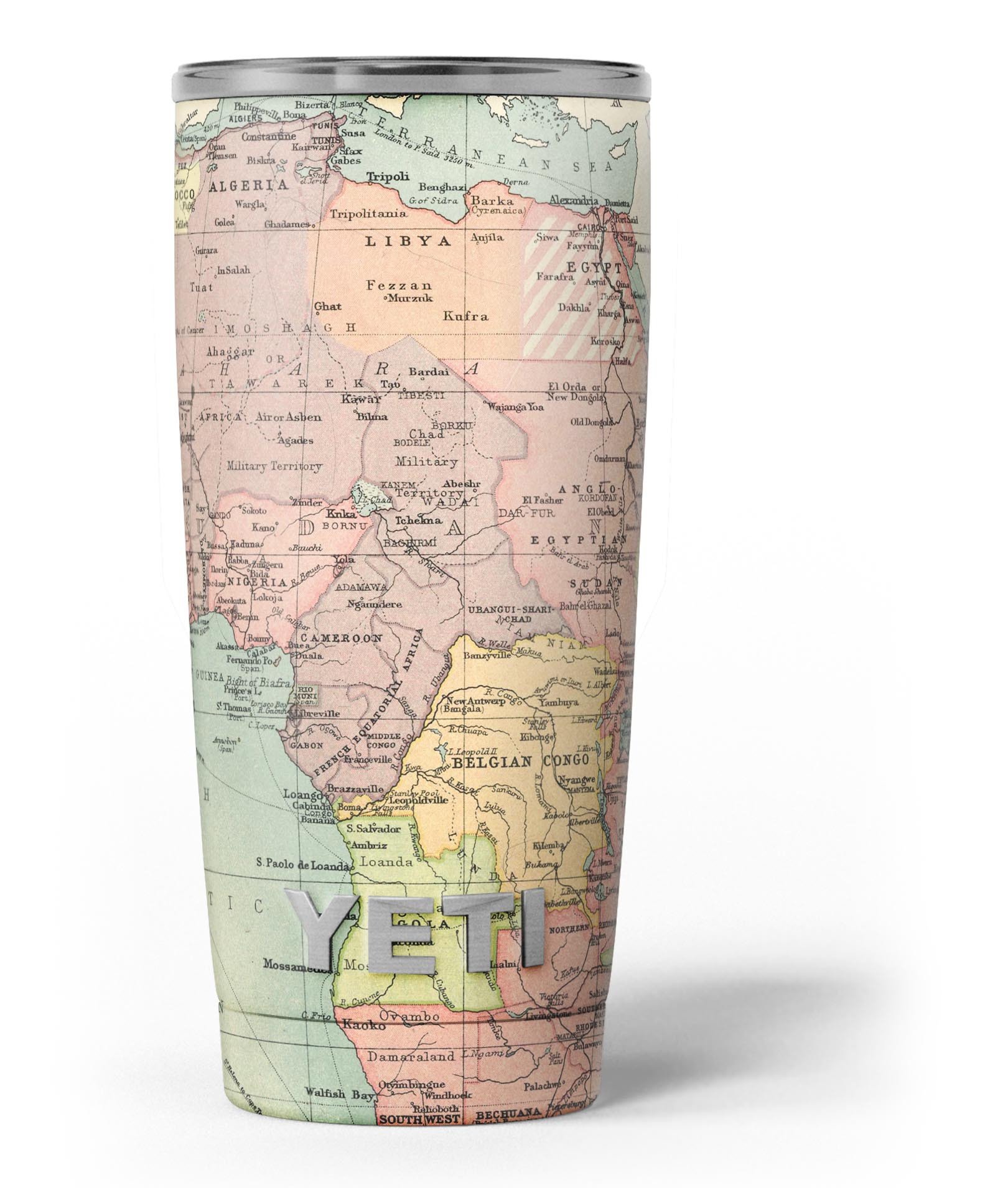 The Zoomed In Africa Map skin decal vinyl wrap kit for Yeti Coolers, showcasing vibrant colors and a unique design.