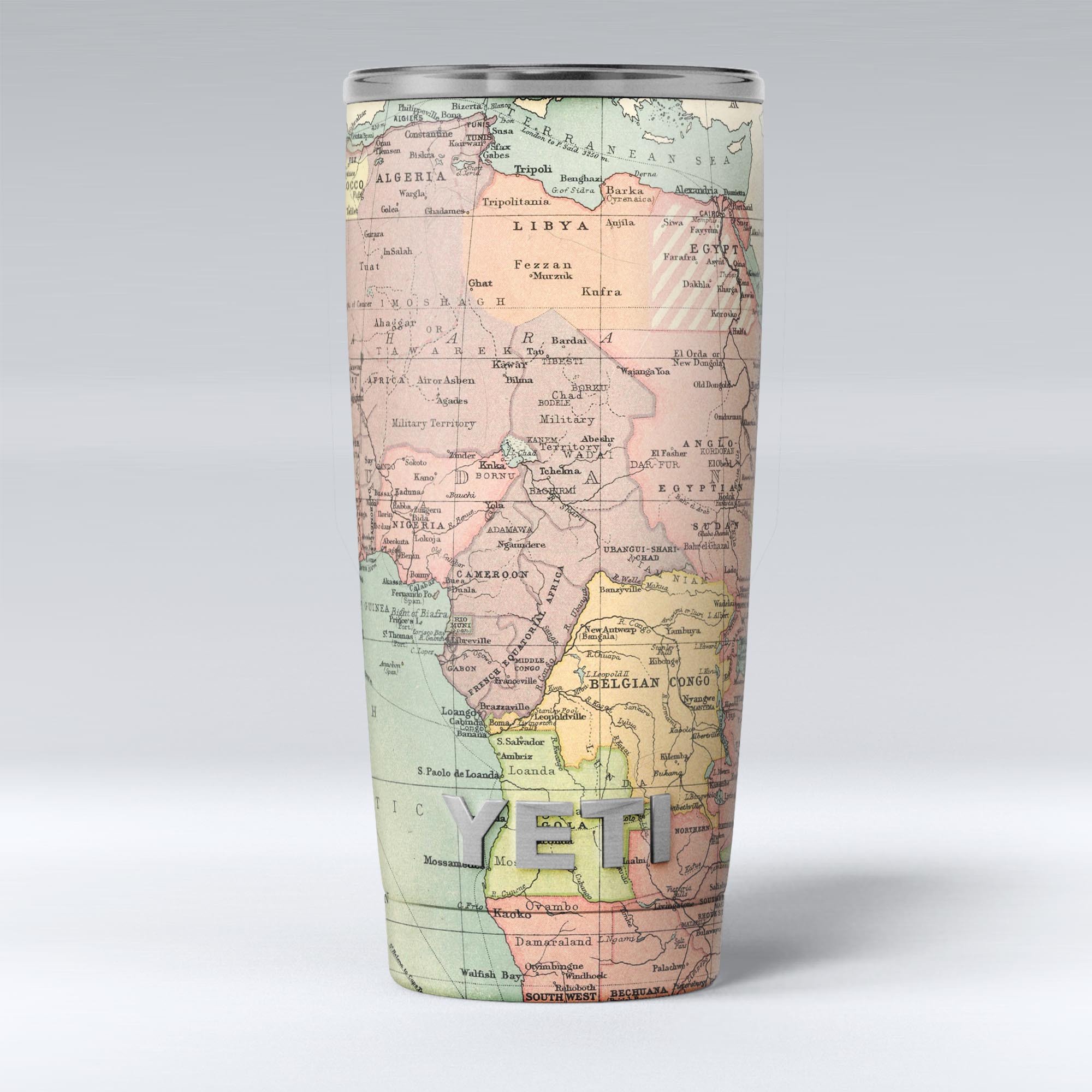 The Zoomed In Africa Map skin decal vinyl wrap kit for Yeti Coolers, showcasing vibrant colors and a unique design.