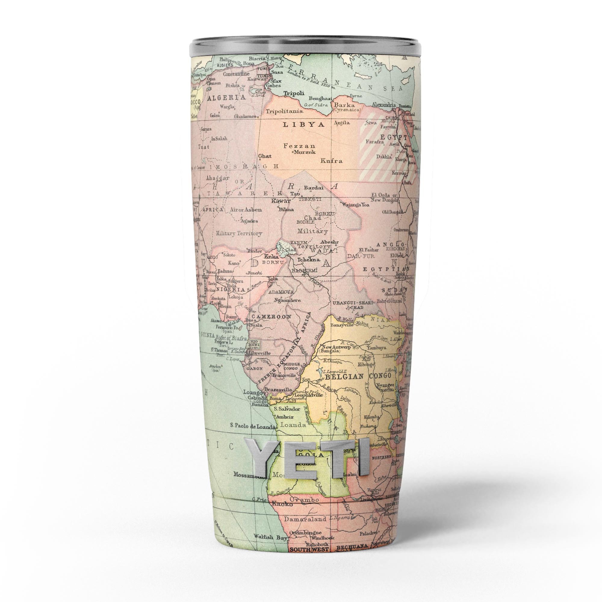 The Zoomed In Africa Map skin decal vinyl wrap kit for Yeti Coolers, showcasing vibrant colors and a unique design.