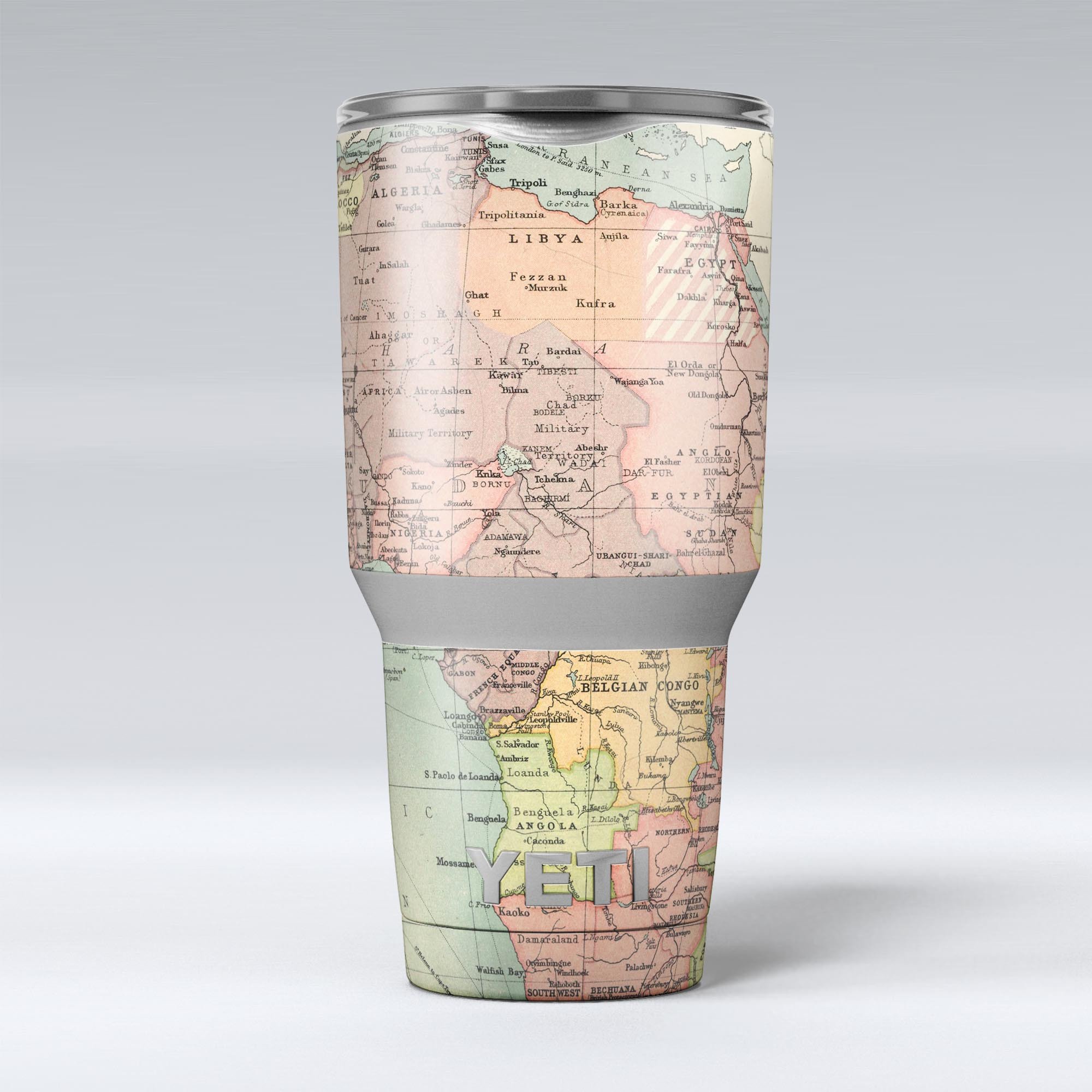 The Zoomed In Africa Map skin decal vinyl wrap kit for Yeti Coolers, showcasing vibrant colors and a unique design.