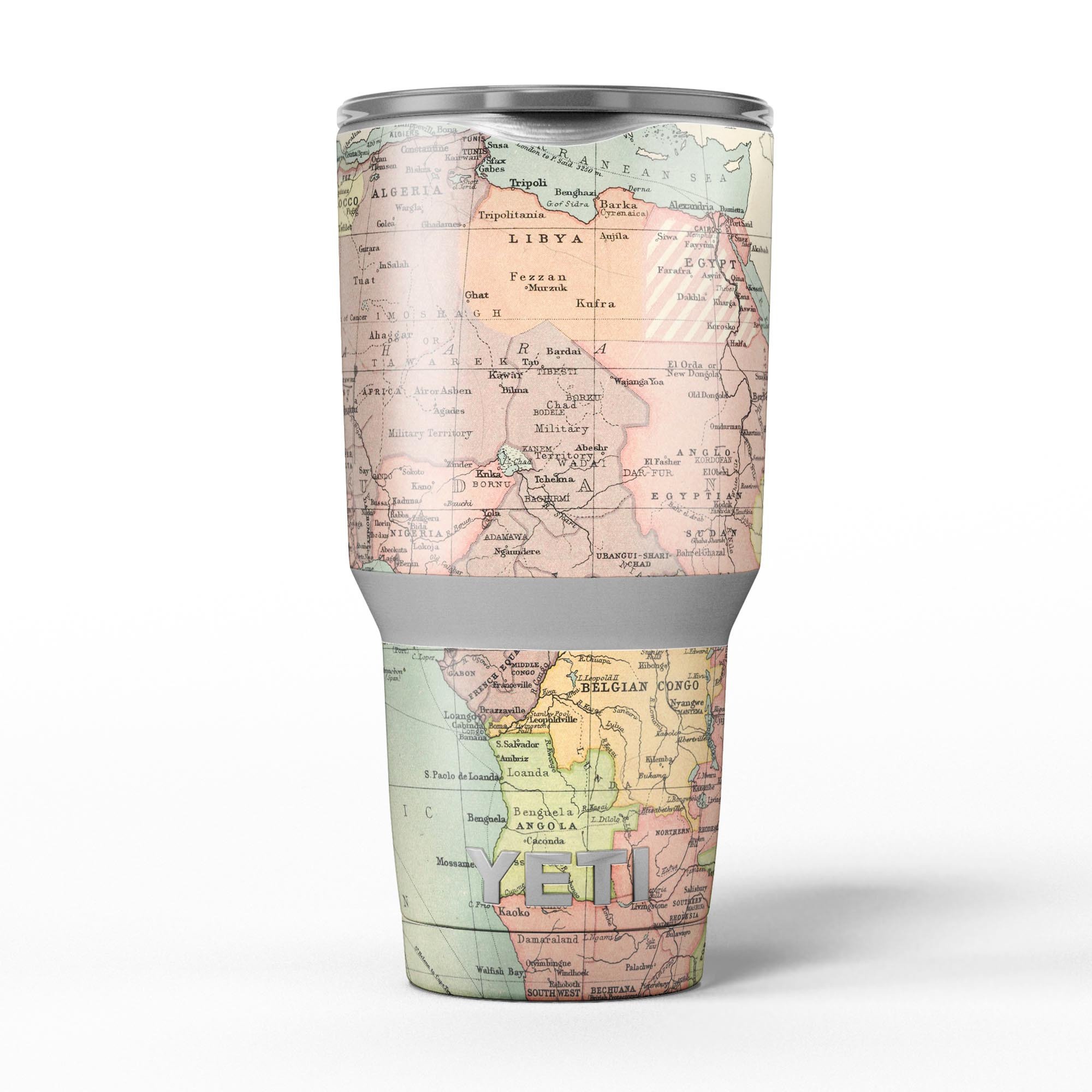 The Zoomed In Africa Map skin decal vinyl wrap kit for Yeti Coolers, showcasing vibrant colors and a unique design.