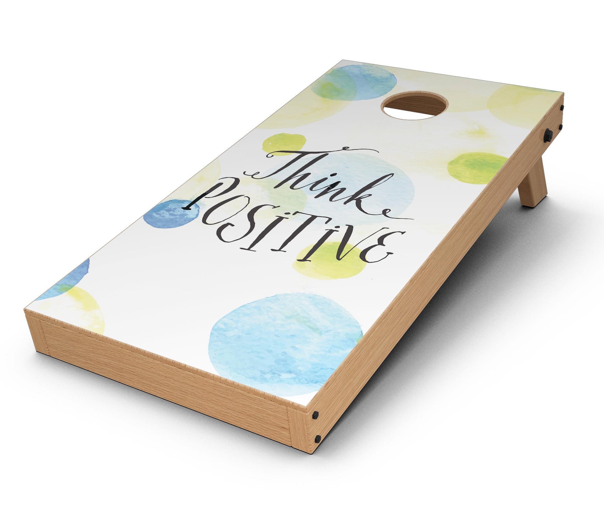 Think Positive CornHole Board Skin Decal Kit featuring vibrant designs for Cornhole boards, showcasing easy application and premium vinyl material.