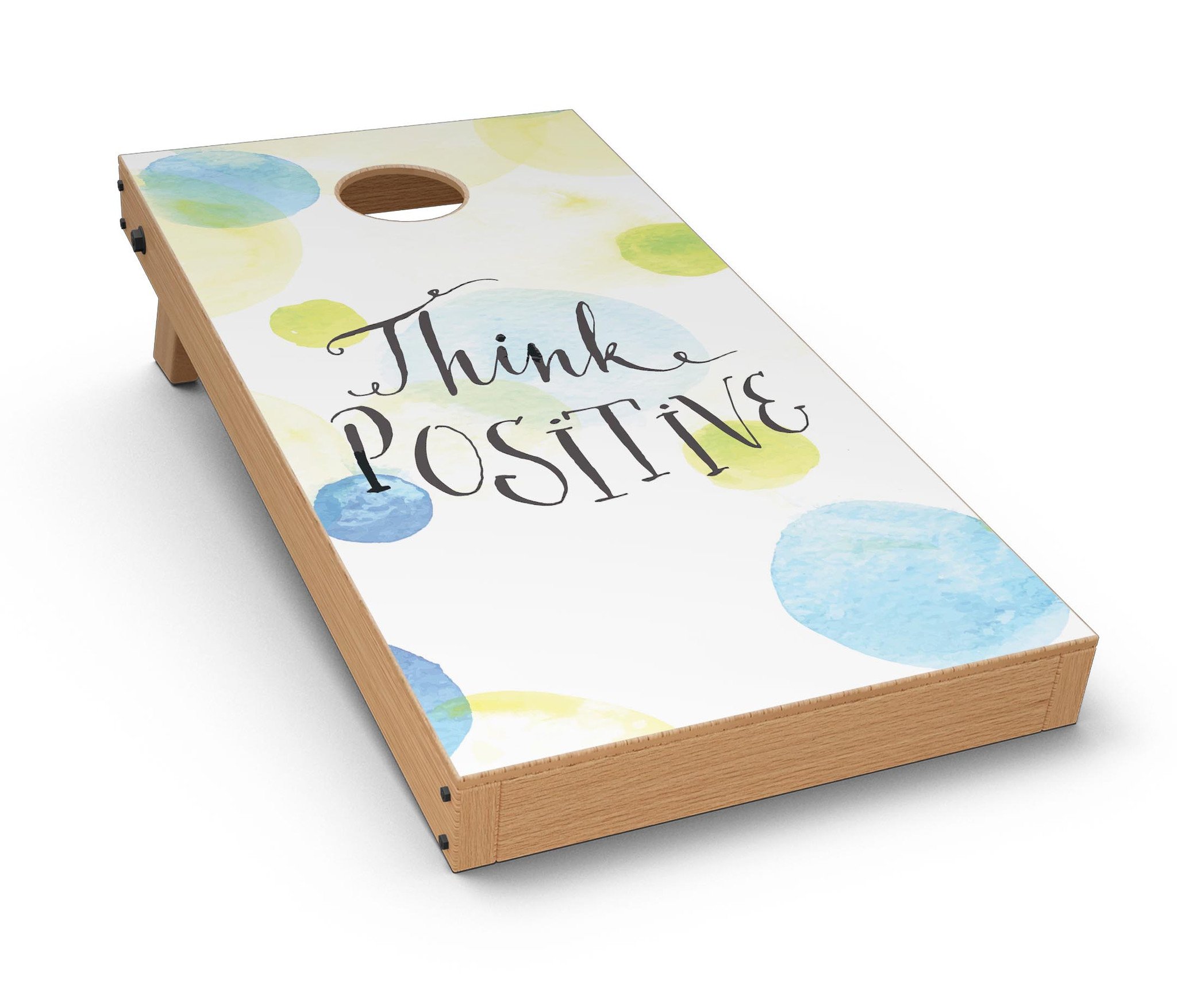 Think Positive CornHole Board Skin Decal Kit featuring vibrant designs for Cornhole boards, showcasing easy application and premium vinyl material.