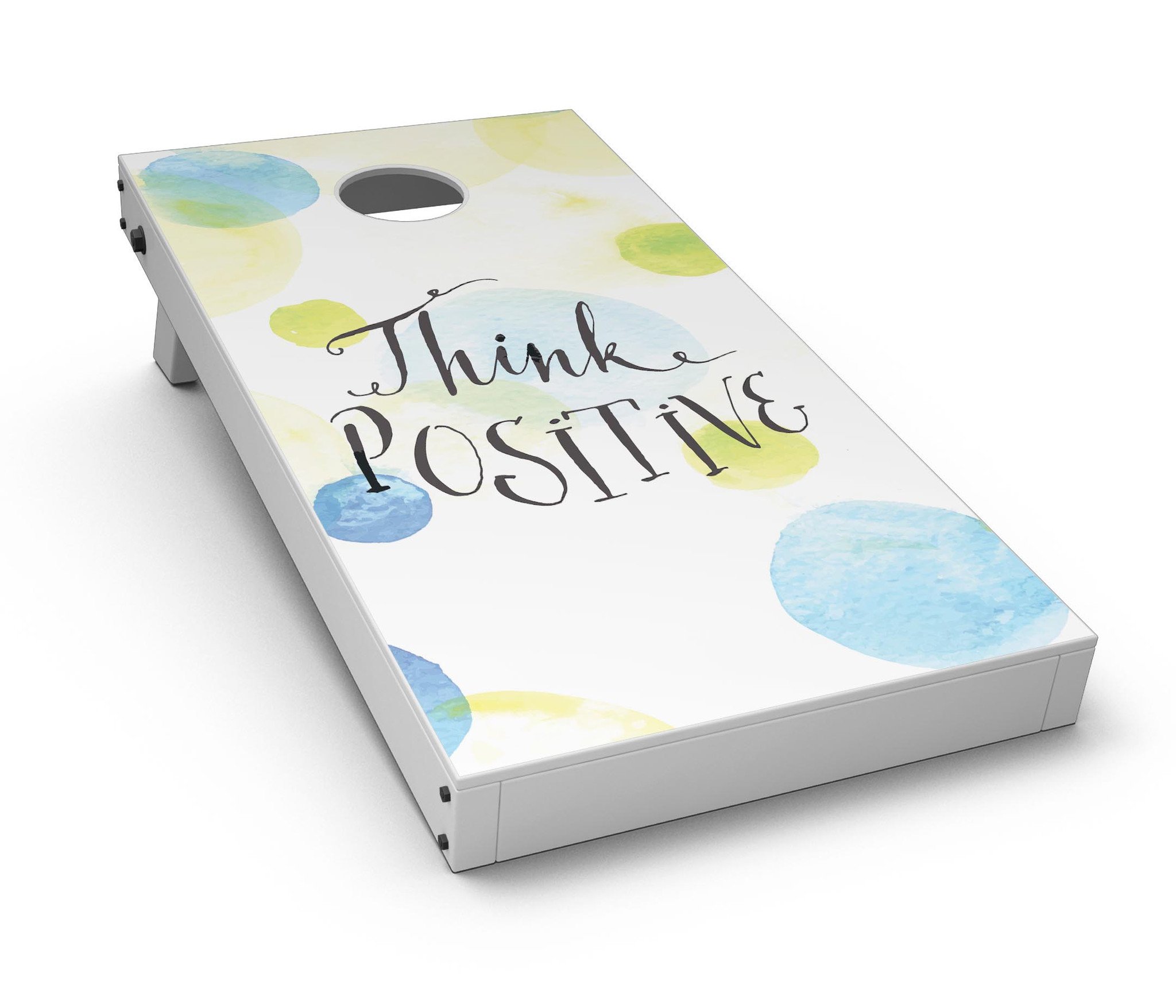 Think Positive CornHole Board Skin Decal Kit featuring vibrant designs for Cornhole boards, showcasing easy application and premium vinyl material.