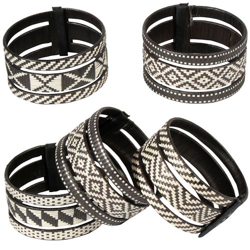 Three Piece Cana Flecha Bracelet handcrafted by Zenu Tribe artisans, showcasing intricate geometric patterns and sustainable materials.