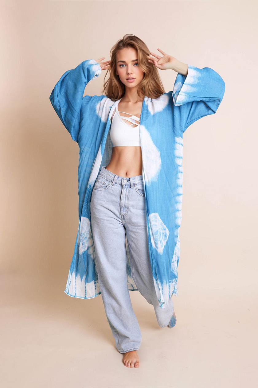 A vibrant Tie Dye Kimono featuring a colorful pattern, perfect for spring and summer wear, made from lightweight polyester fabric.