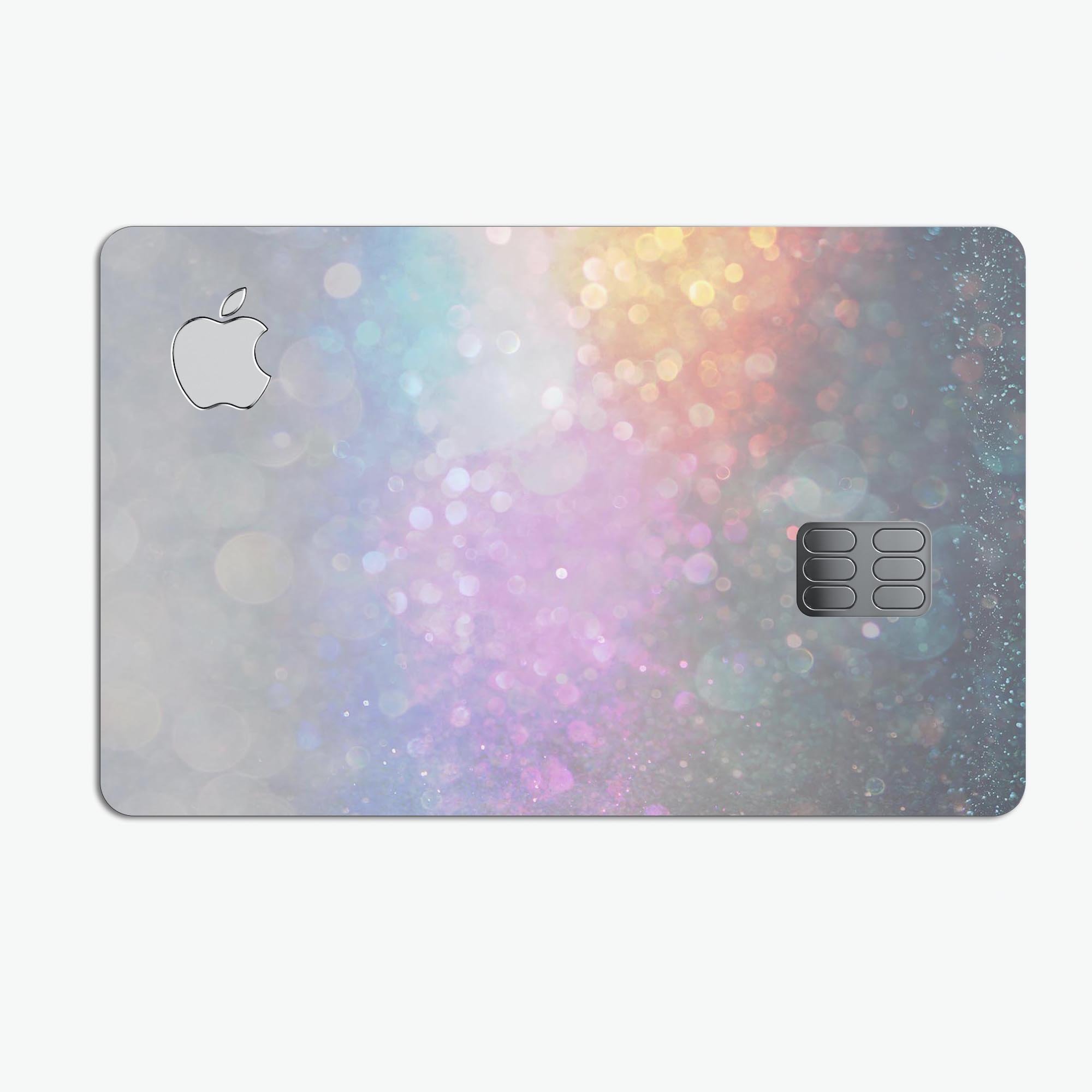 Tie Dye Unfocused Glowing Orbs of Light decal on an Apple Card, showcasing vibrant colors and a protective design.