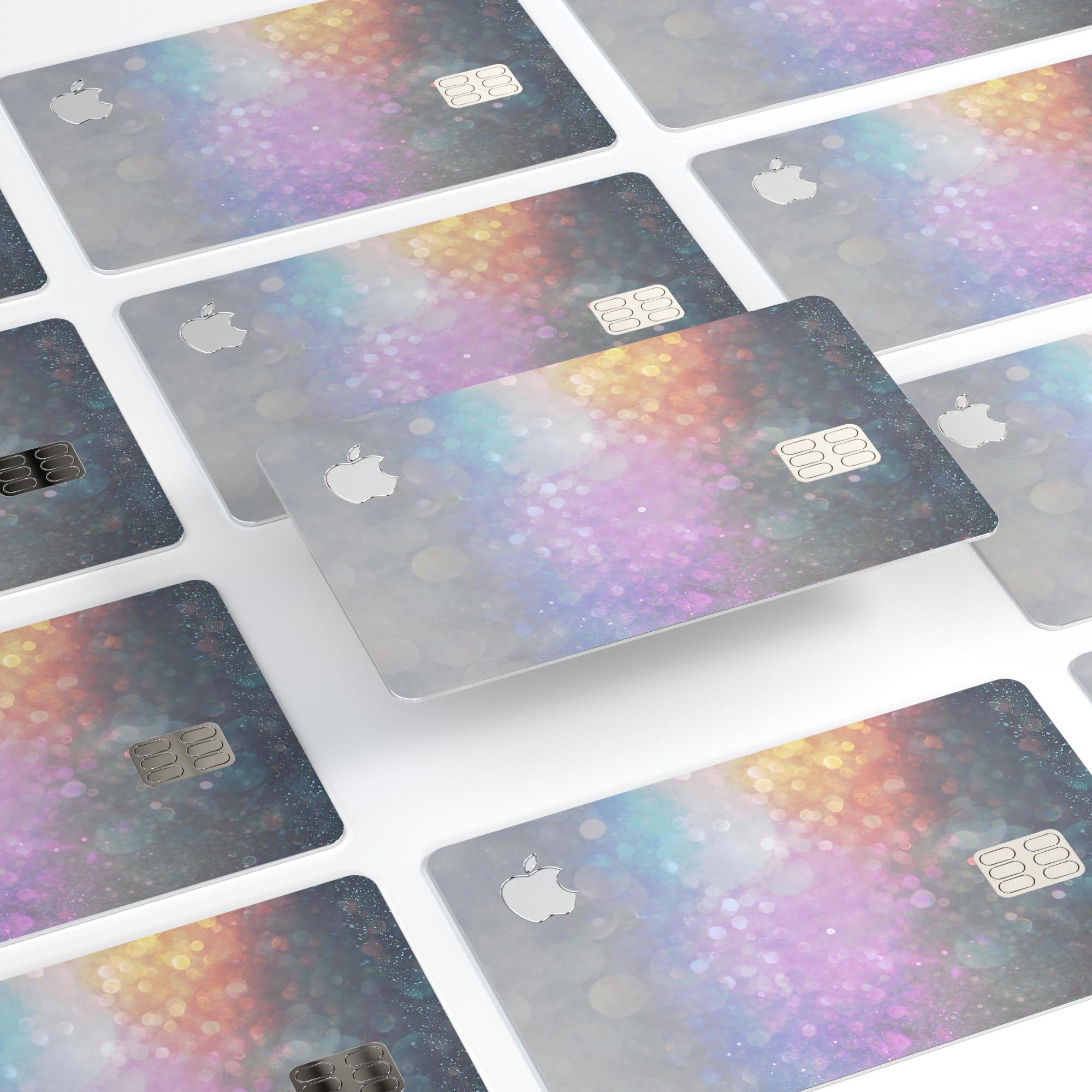 Tie Dye Unfocused Glowing Orbs of Light decal on an Apple Card, showcasing vibrant colors and a protective design.