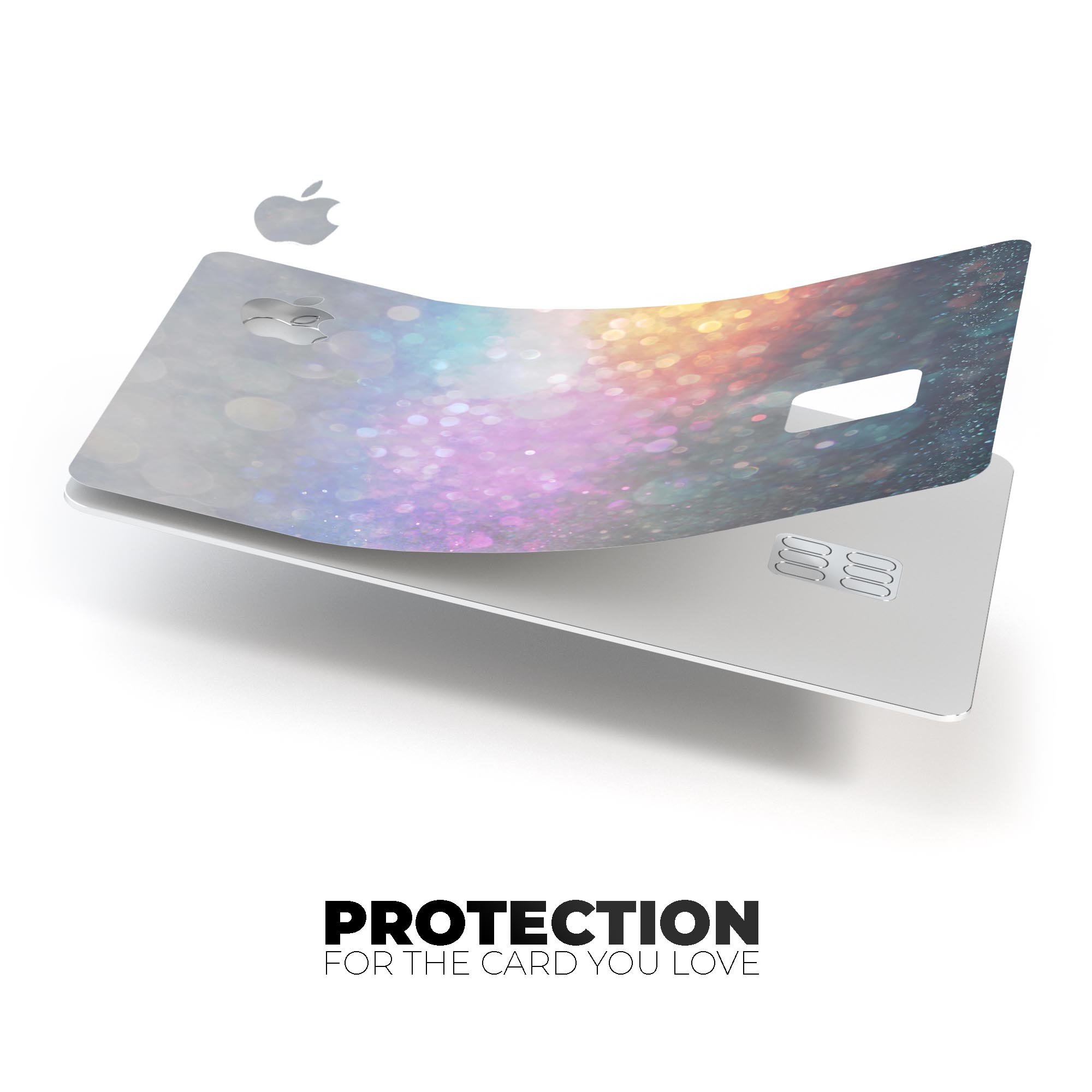 Tie Dye Unfocused Glowing Orbs of Light decal on an Apple Card, showcasing vibrant colors and a protective design.