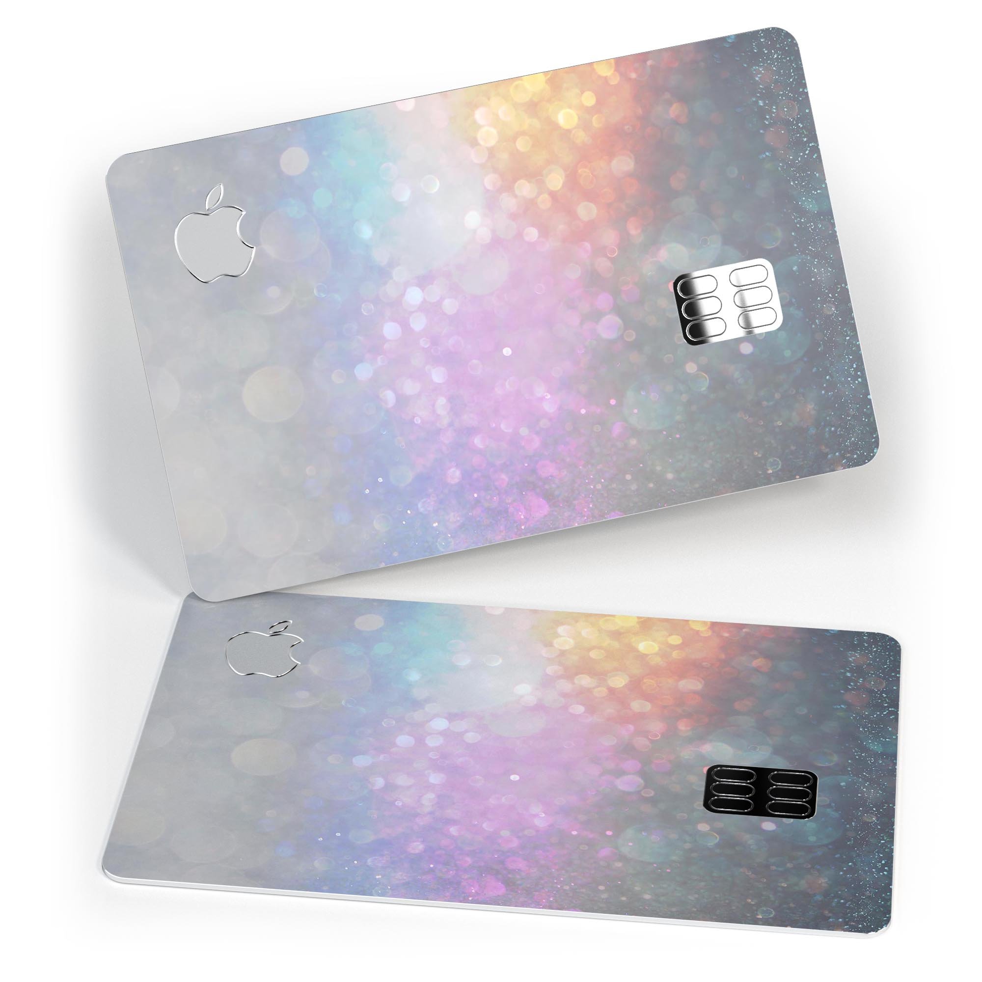 Tie Dye Unfocused Glowing Orbs of Light decal on an Apple Card, showcasing vibrant colors and a protective design.