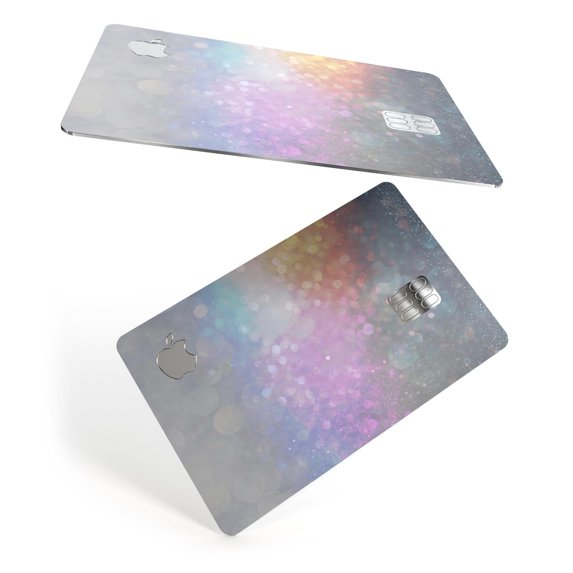 Tie Dye Unfocused Glowing Orbs of Light decal on an Apple Card, showcasing vibrant colors and a protective design.