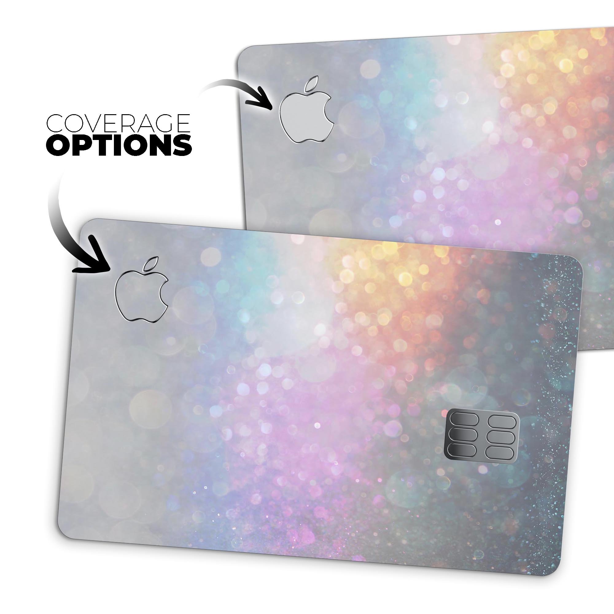 Tie Dye Unfocused Glowing Orbs of Light decal on an Apple Card, showcasing vibrant colors and a protective design.